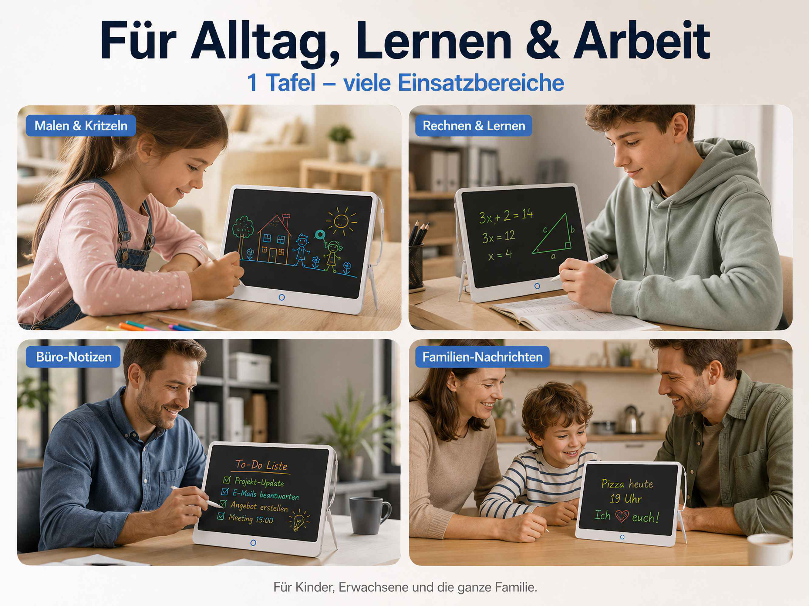 Vier Szenen: Kind malt, Junge lernt Mathe, Mann notiert, Familie plant Pizza.