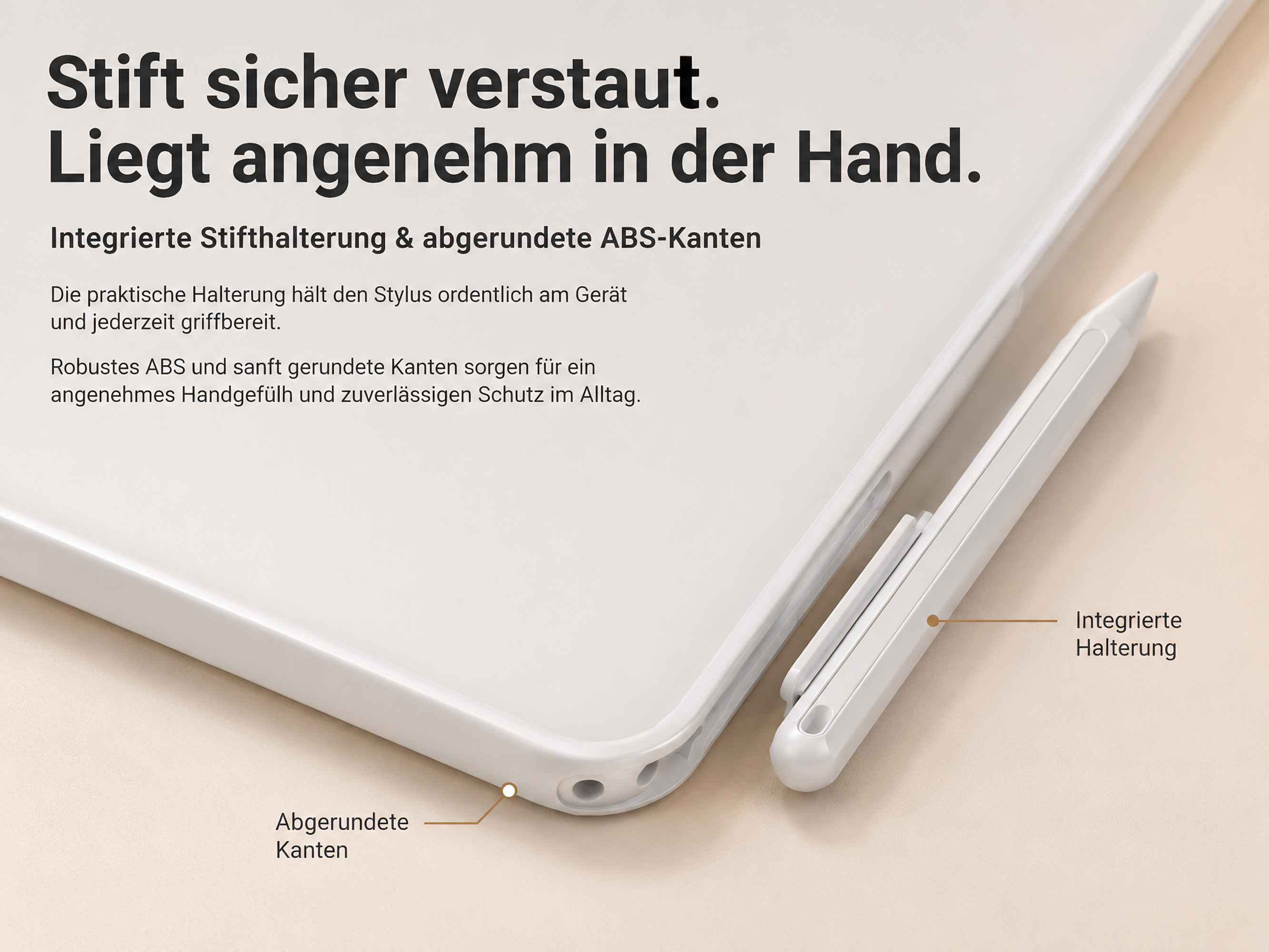 Ein weißes Tablet mit einem weißen Stift daneben. Integrierte Halterung.