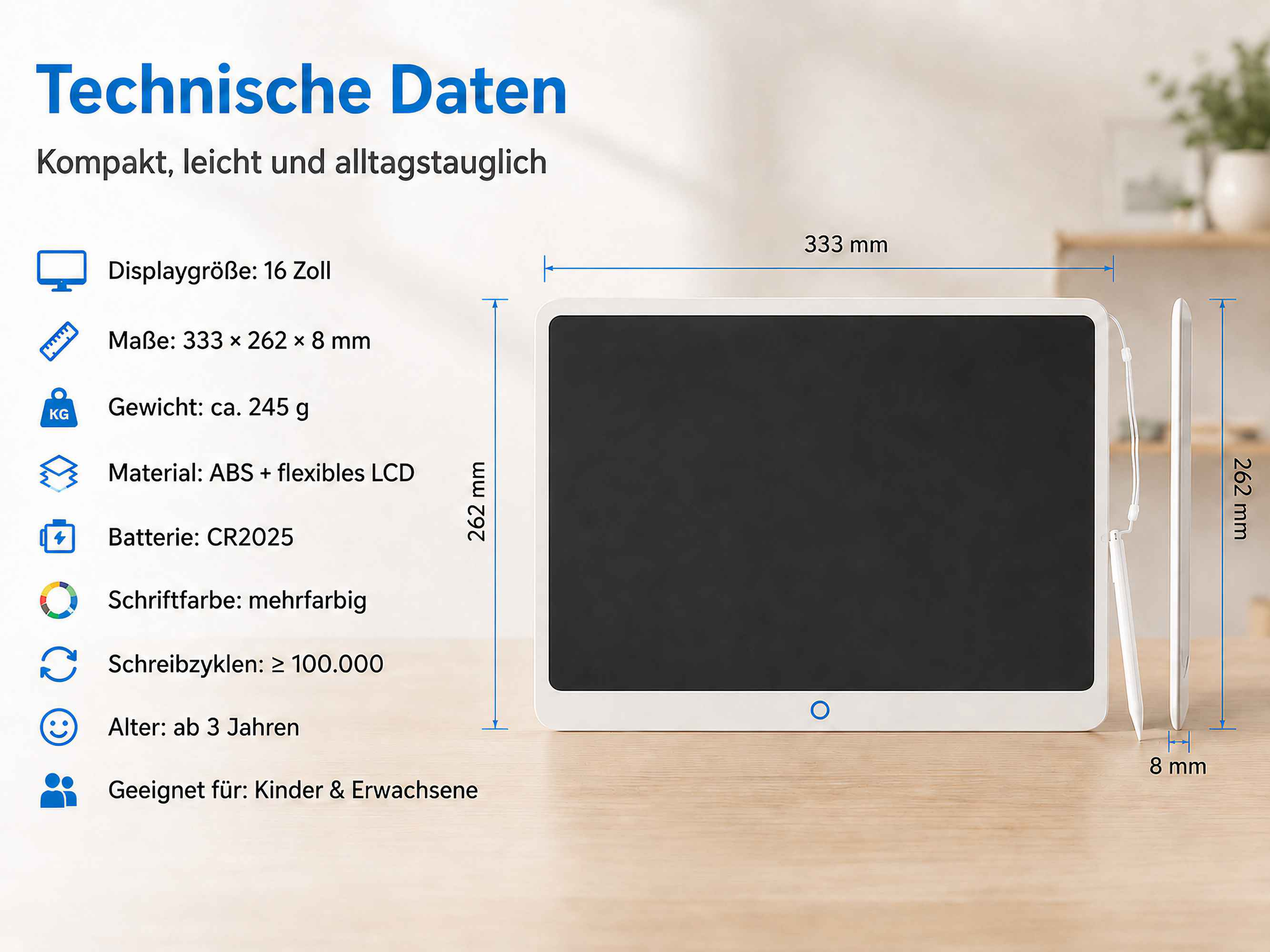 Ein 16-Zoll-LCD-Schreibtablett mit Stift, Abmessungen 333x262x8 mm, 245g.