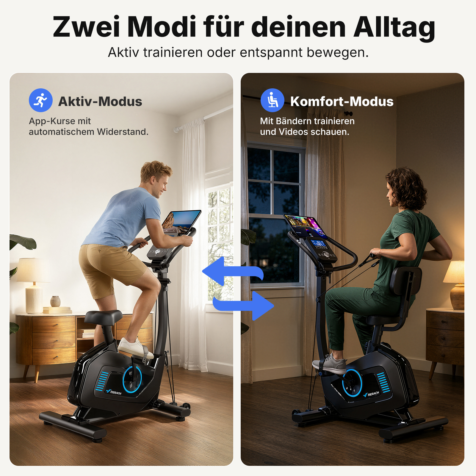 Mann auf Ergometer (Aktiv-Modus) vs. Frau auf Ergometer (Komfort-Modus).