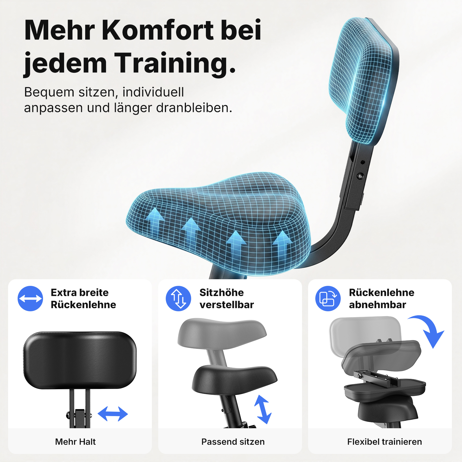 Ein Fahrradsitz mit verstellbarer Rückenlehne und Sitzhöhe.