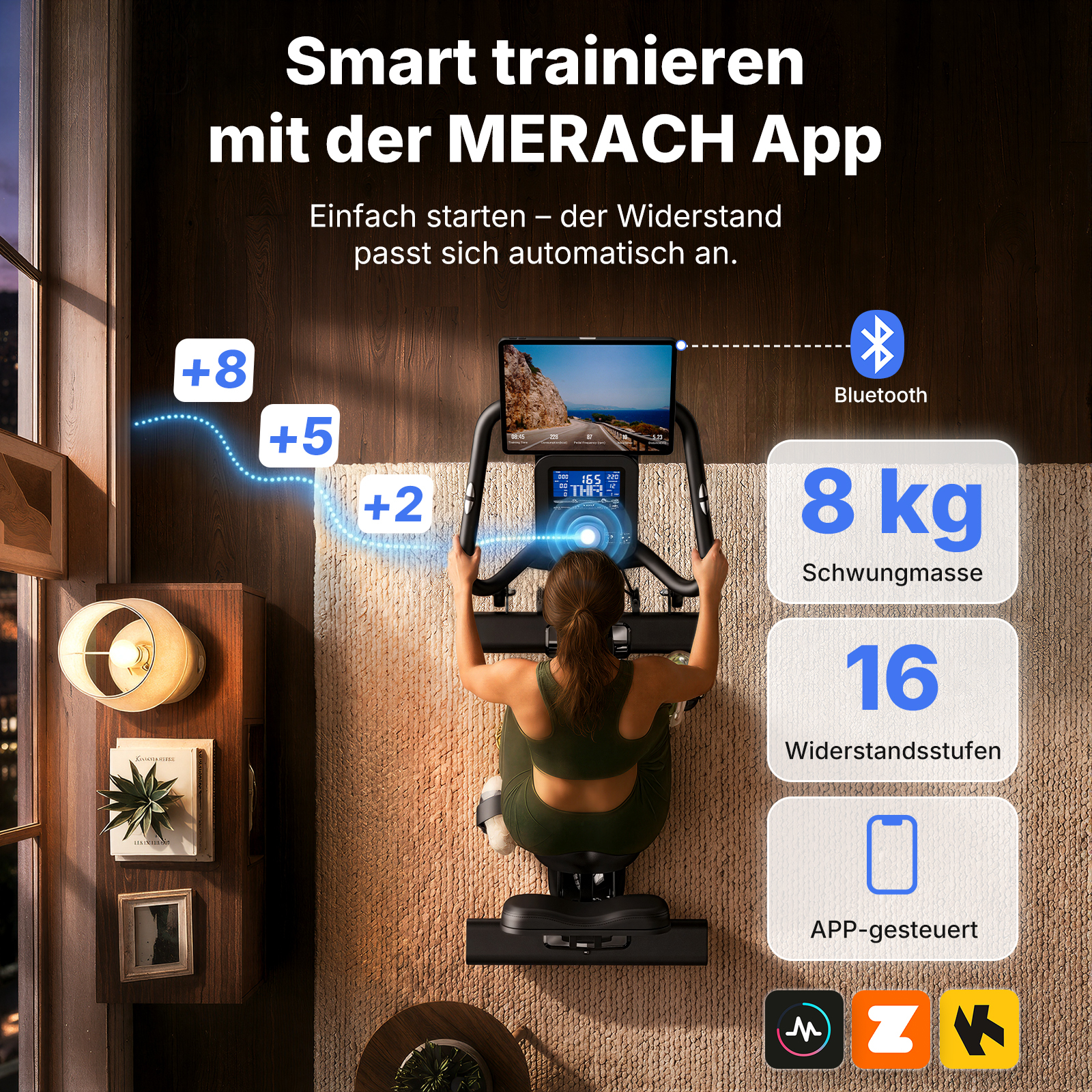 Frau auf Heimtrainer, App-Steuerung, 8kg Schwungmasse, 16 Stufen.