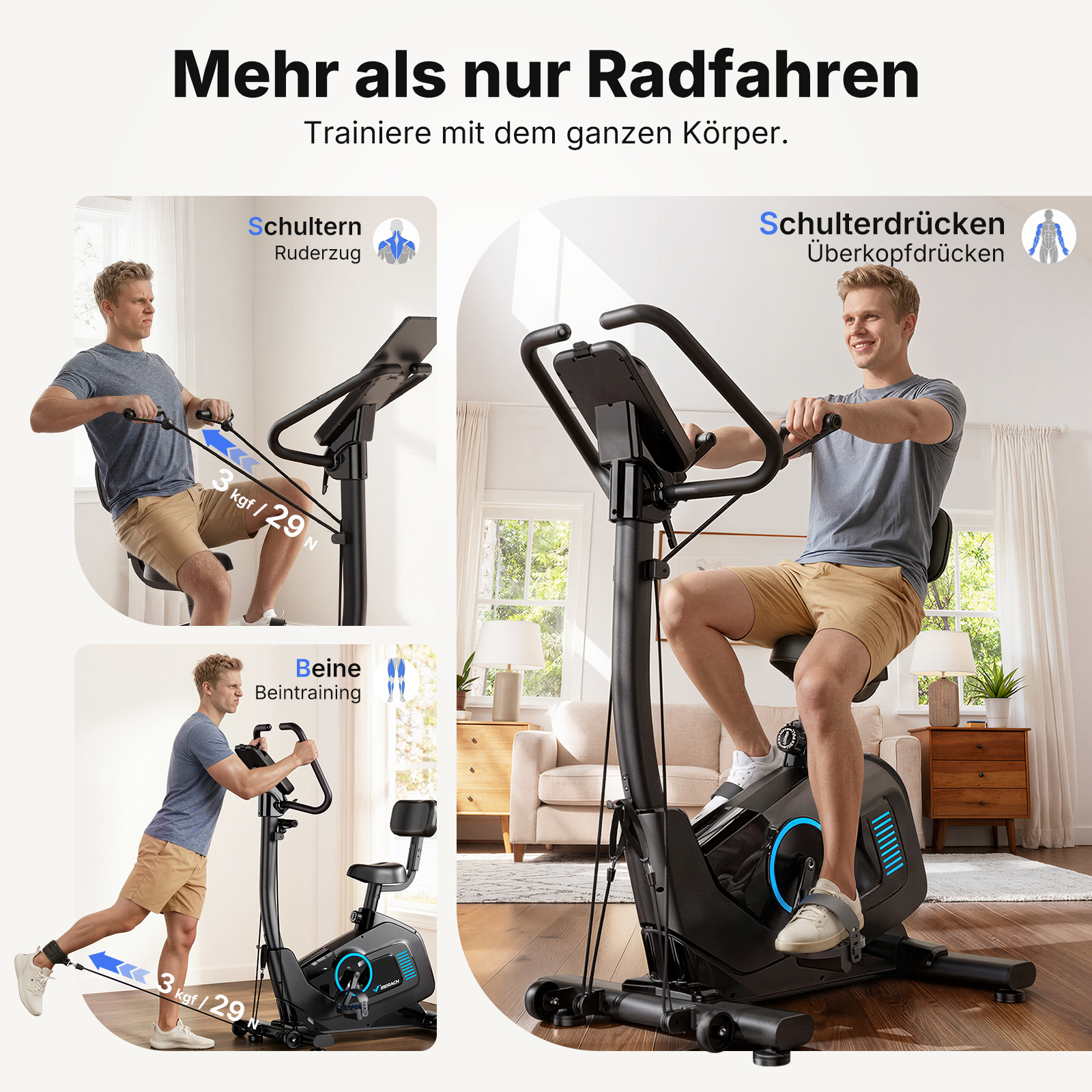 Ein Mann trainiert an einem Heimtrainer, der verschiedene Übungen zeigt.
