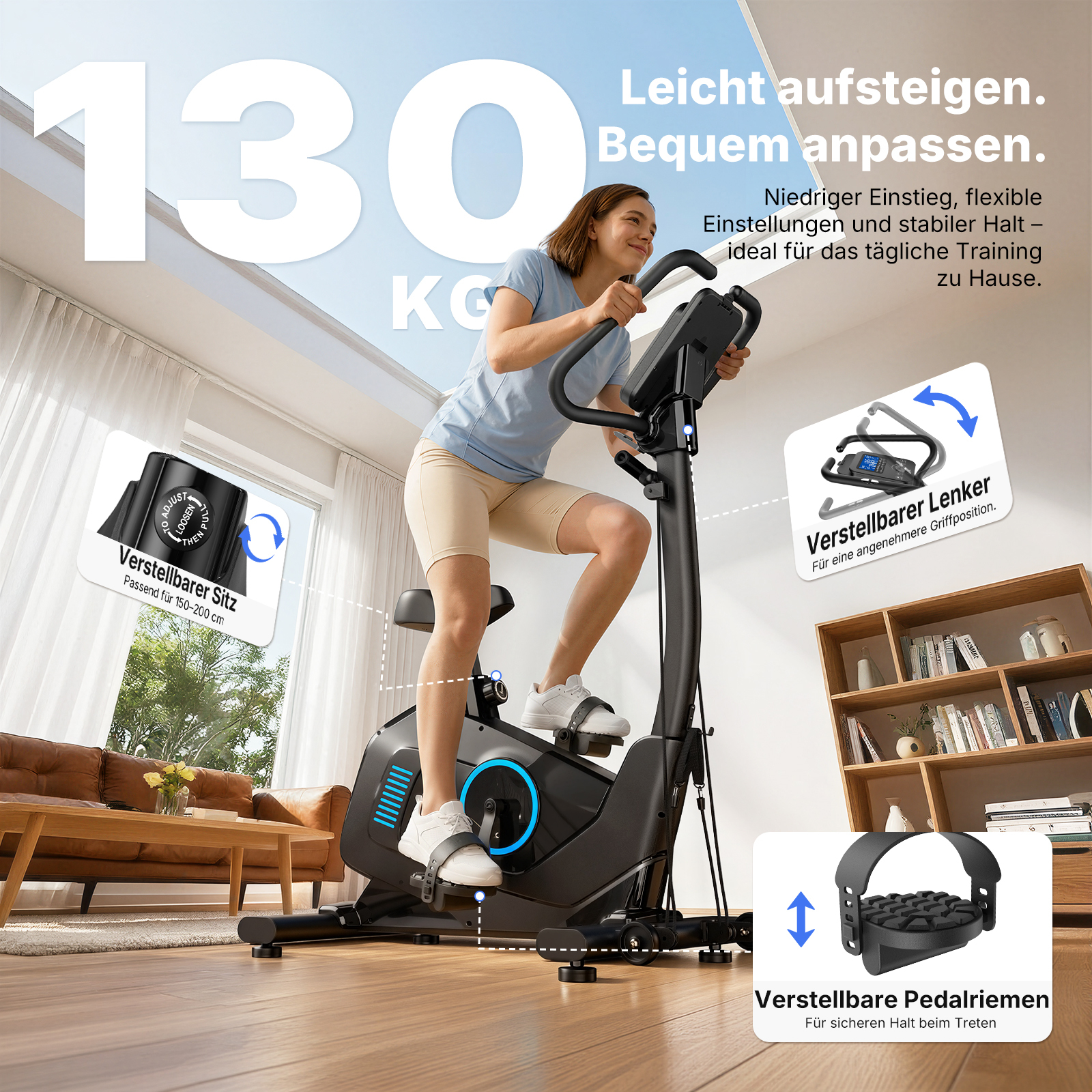 Frau trainiert auf einem Heimtrainer mit einstellbarem Sitz und Lenker.
