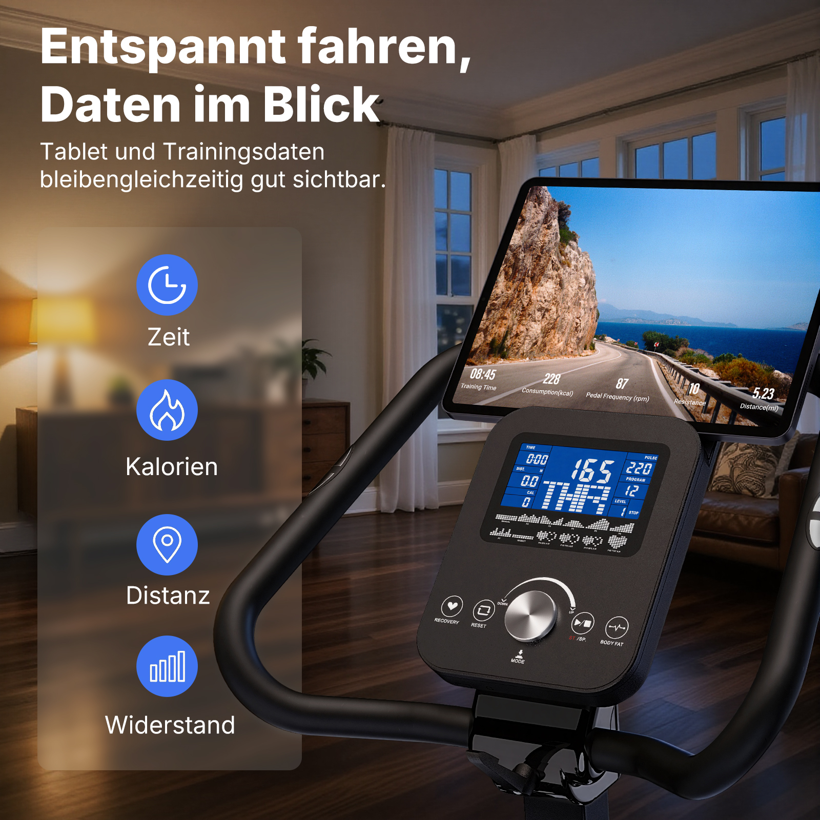 Ein Heimtrainer mit einem Tablet, das eine Küstenstraße anzeigt. Trainingsdaten werden angezeigt.