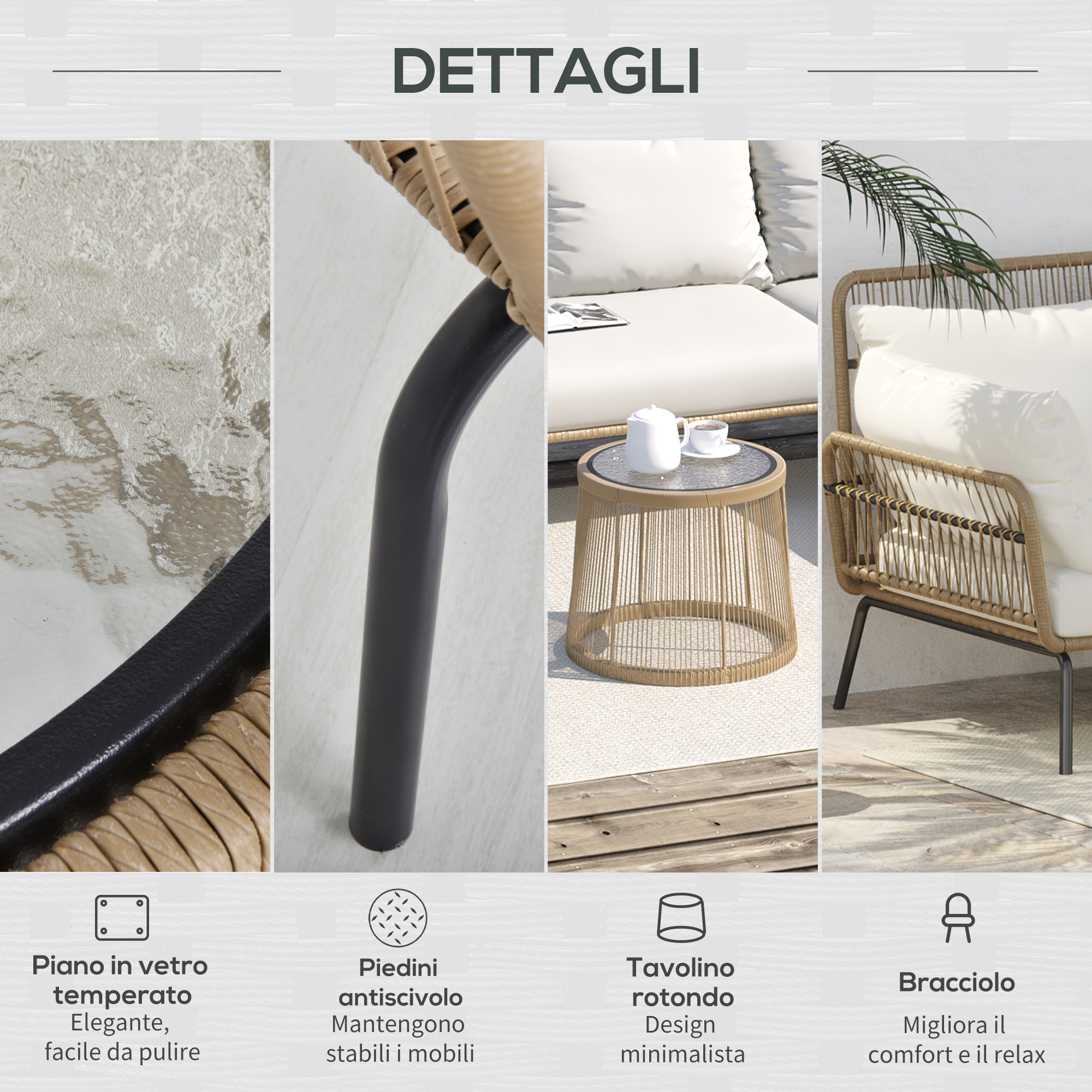 Dettagli: Piano in vetro, piedini antiscivolo, tavolino rotondo, bracciolo