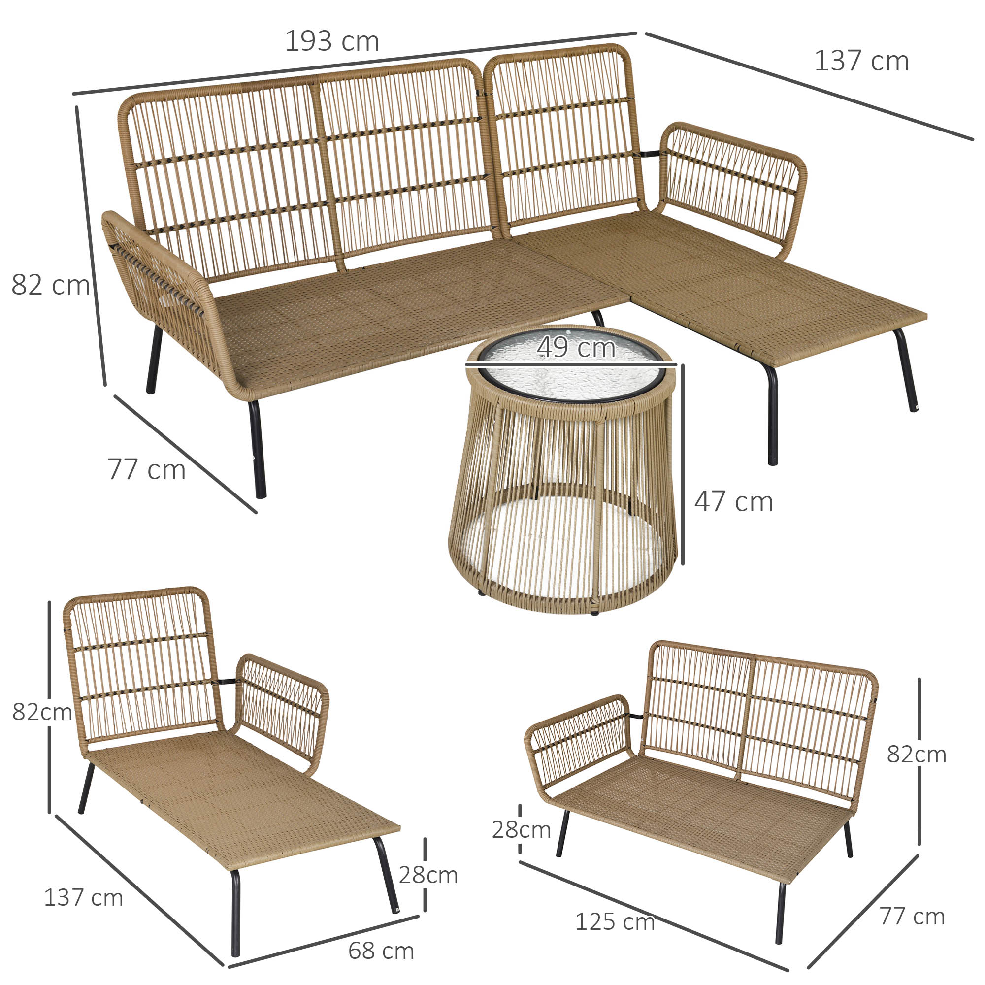 Mobili da salotto in vimini con dimensioni: divano 193x82x77cm, tavolino 49x47cm, chaise longue 137x82x68cm.