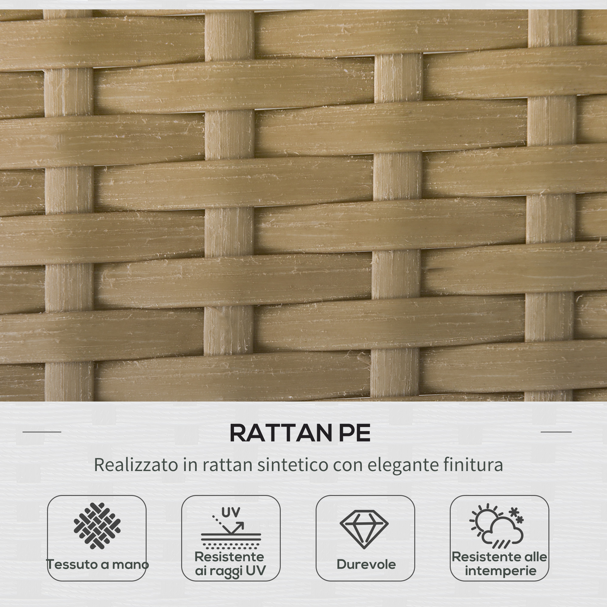 Primo piano di materiale in rattan PE intrecciato beige con icone.