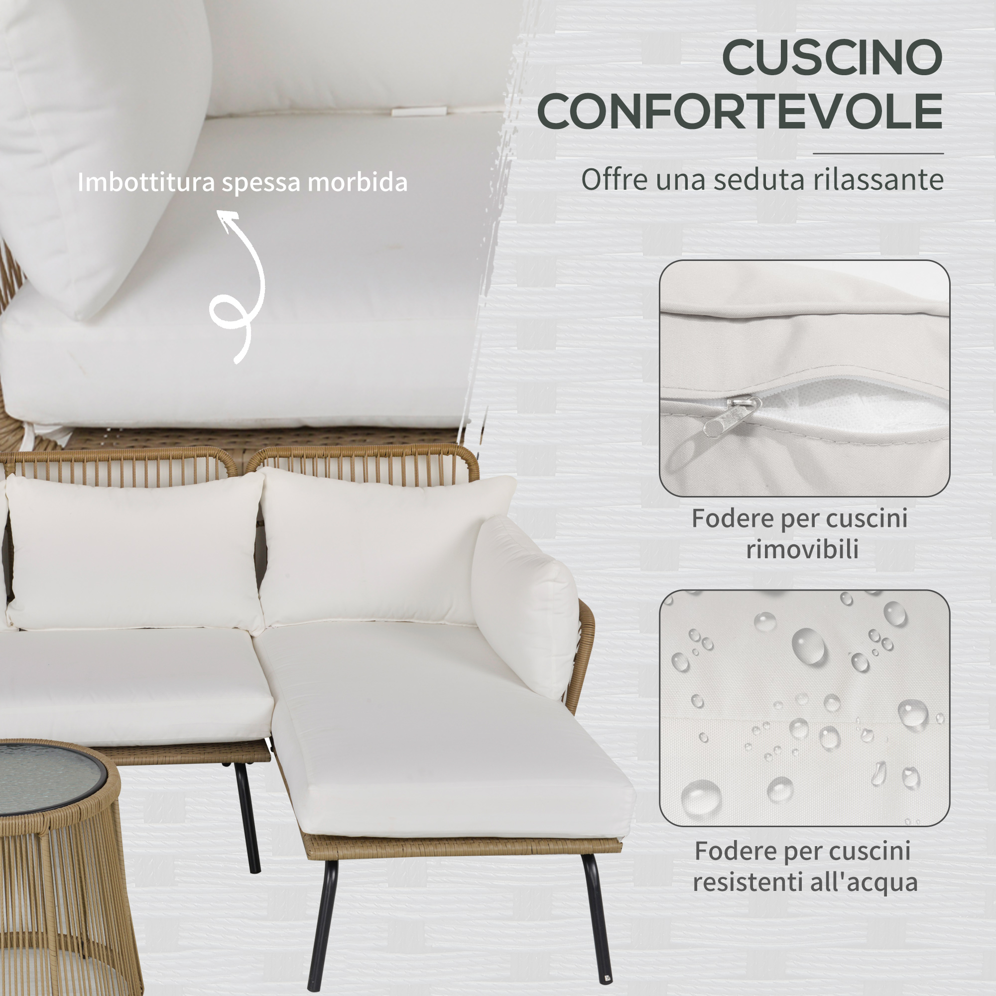 Un divano angolare bianco con base in rattan e cuscini sfoderabili e impermeabili.
