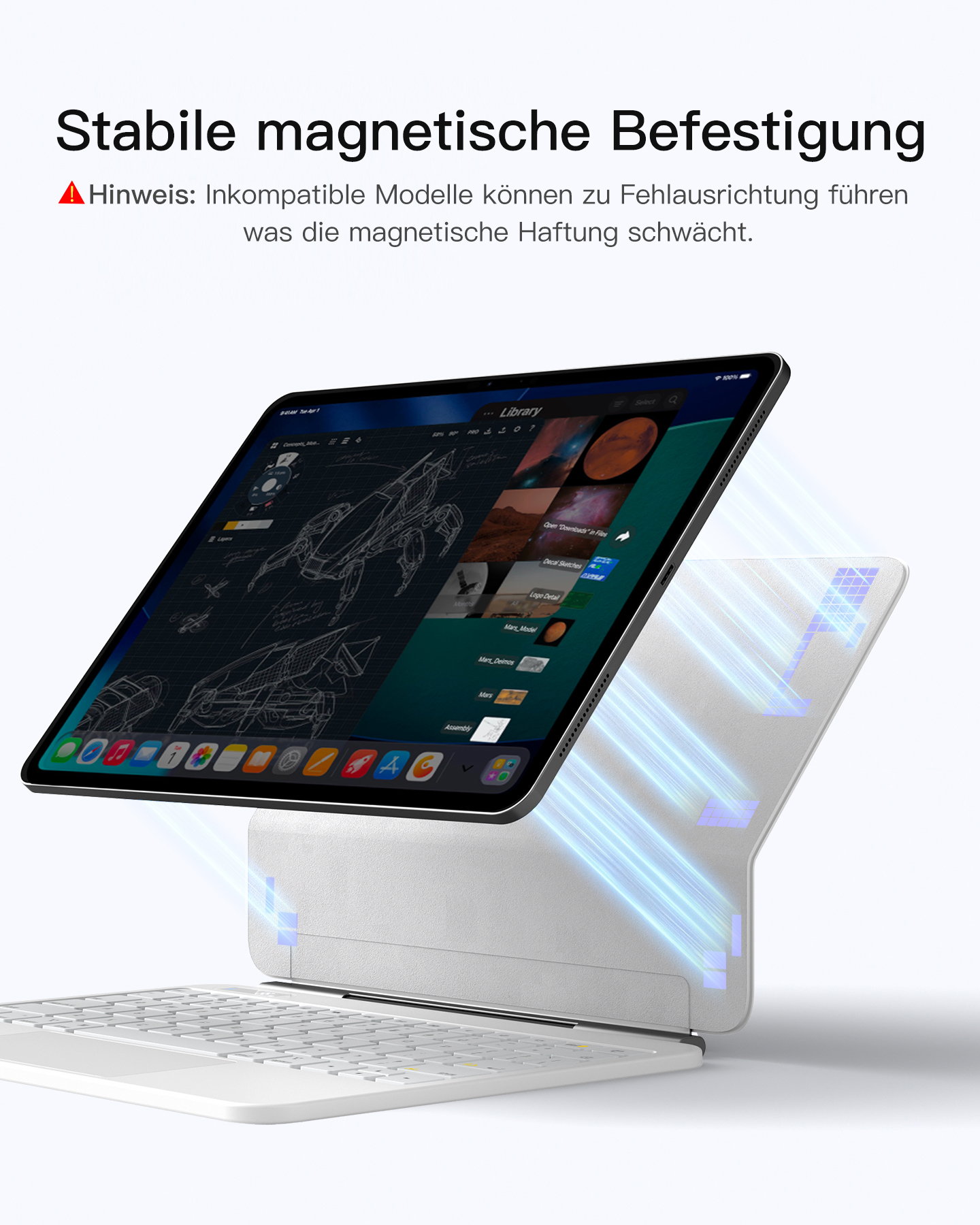 Ein Tablet mit einem weißen Keyboard, magnetisch befestigt. Blaue Lichtstrahlen.