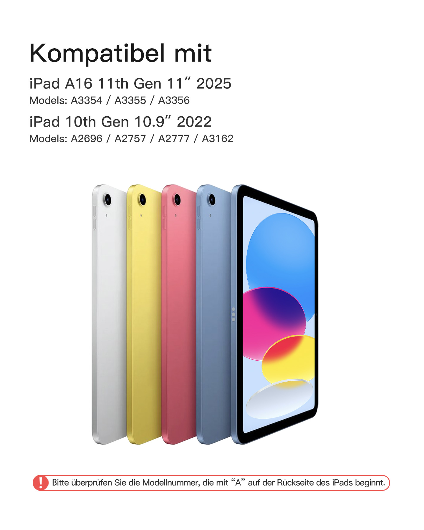 Vier iPads in den Farben Weiß, Gelb, Rosa und Blau nebeneinander. Eines ist geöffnet.