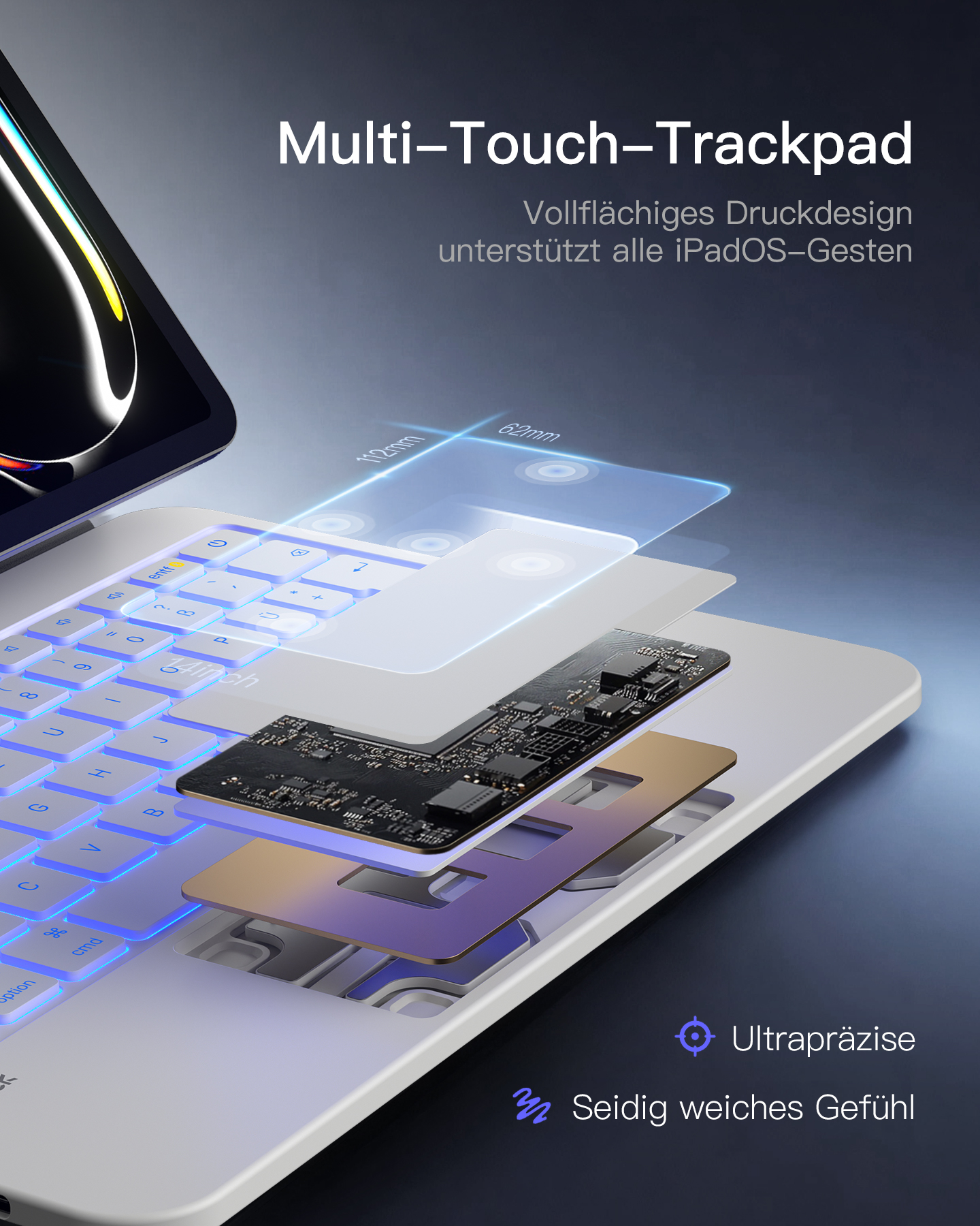 Ein Laptop mit beleuchteter Tastatur und detaillierter Darstellung des Multi-Touch-Trackpads.