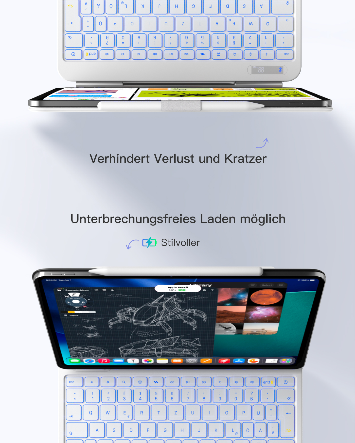 Ein Tablet mit Tastatur und Stift. Der Bildschirm zeigt technische Zeichnungen und Bilder.