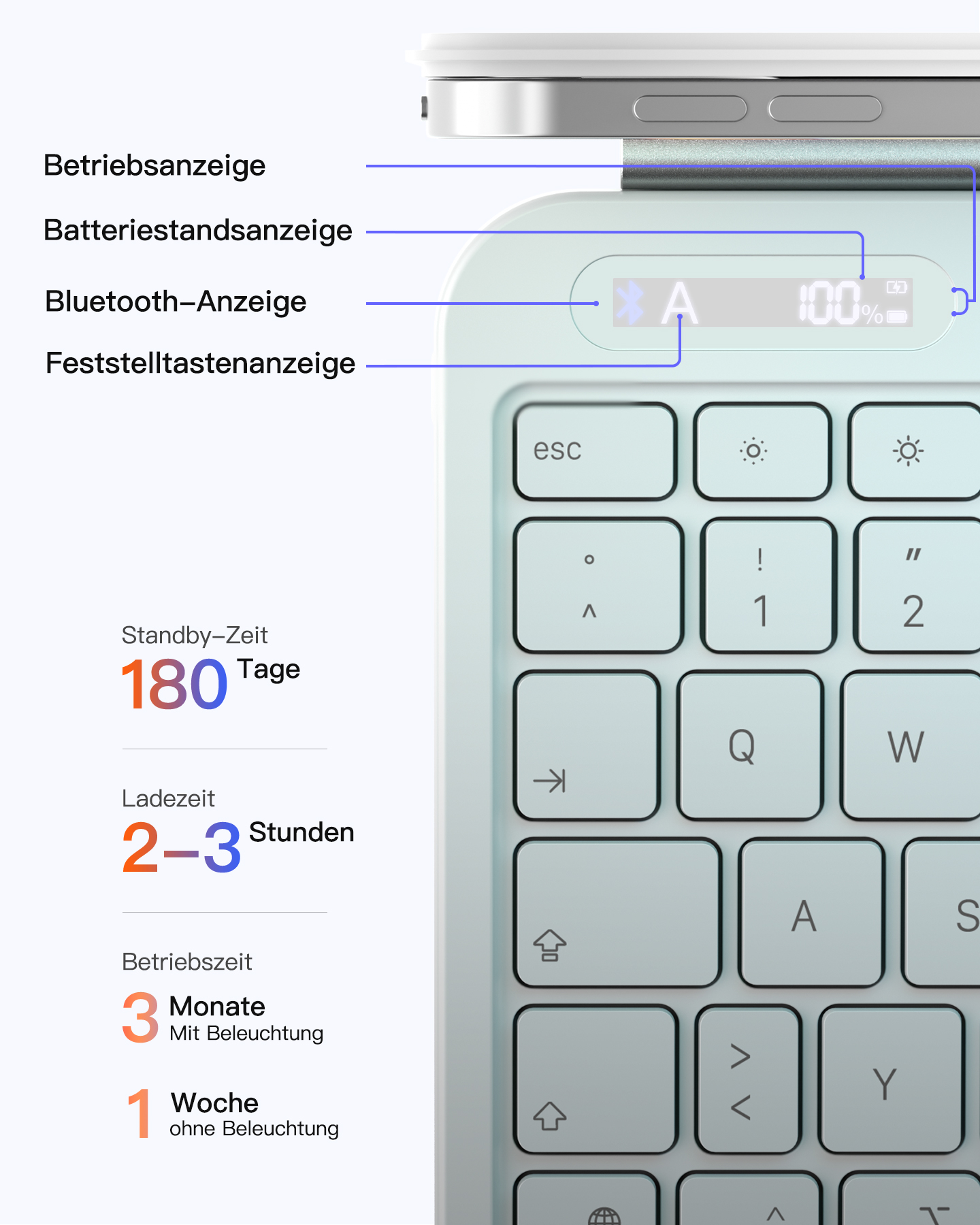 Ein hellgrünes Keyboard mit einem Display, das Batterie, Bluetooth und Tasten anzeigt.