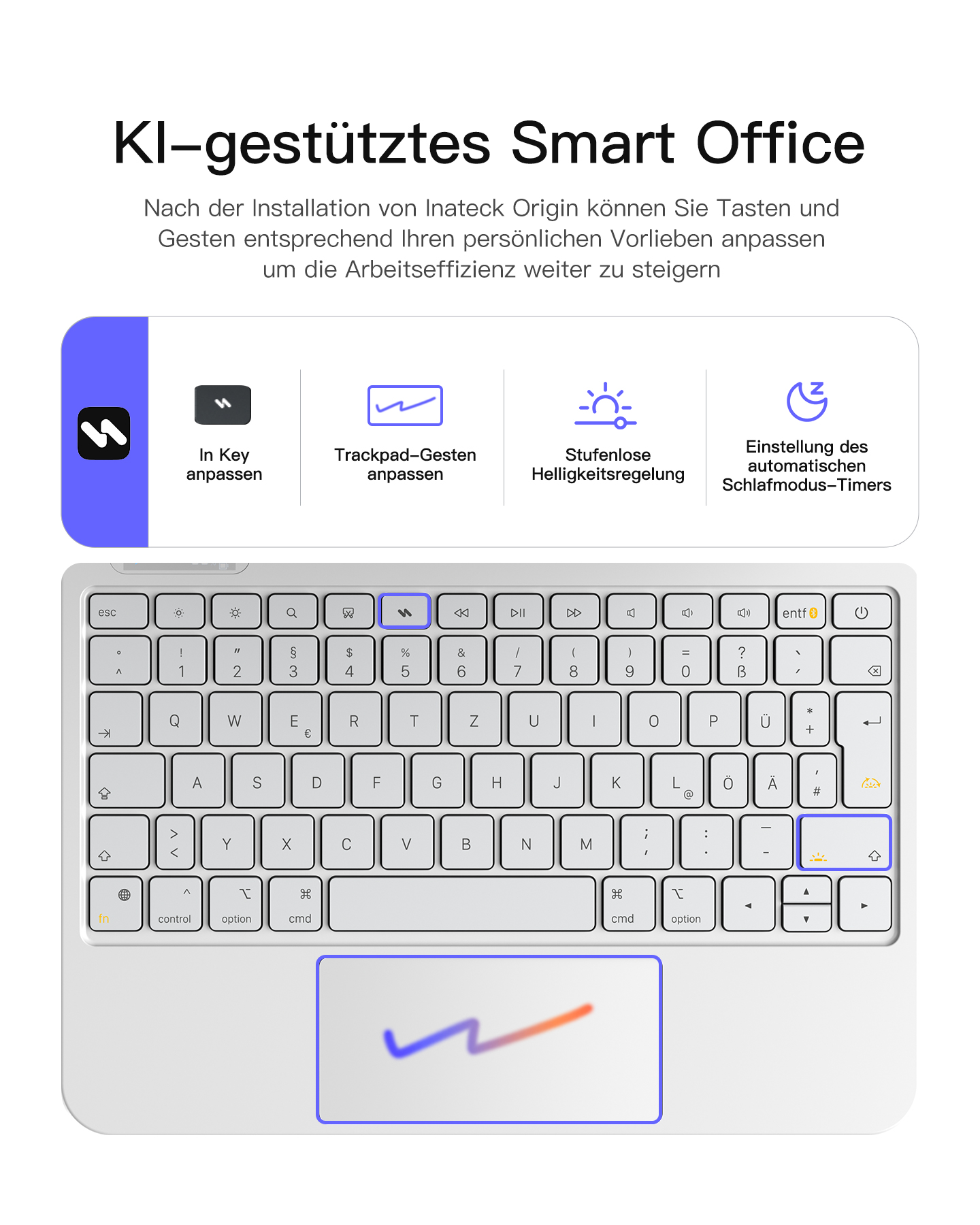 Eine weiße Tastatur mit Touchpad und Icons für Anpassung von Tasten, Gesten, Helligkeit und Schlafmodus.
