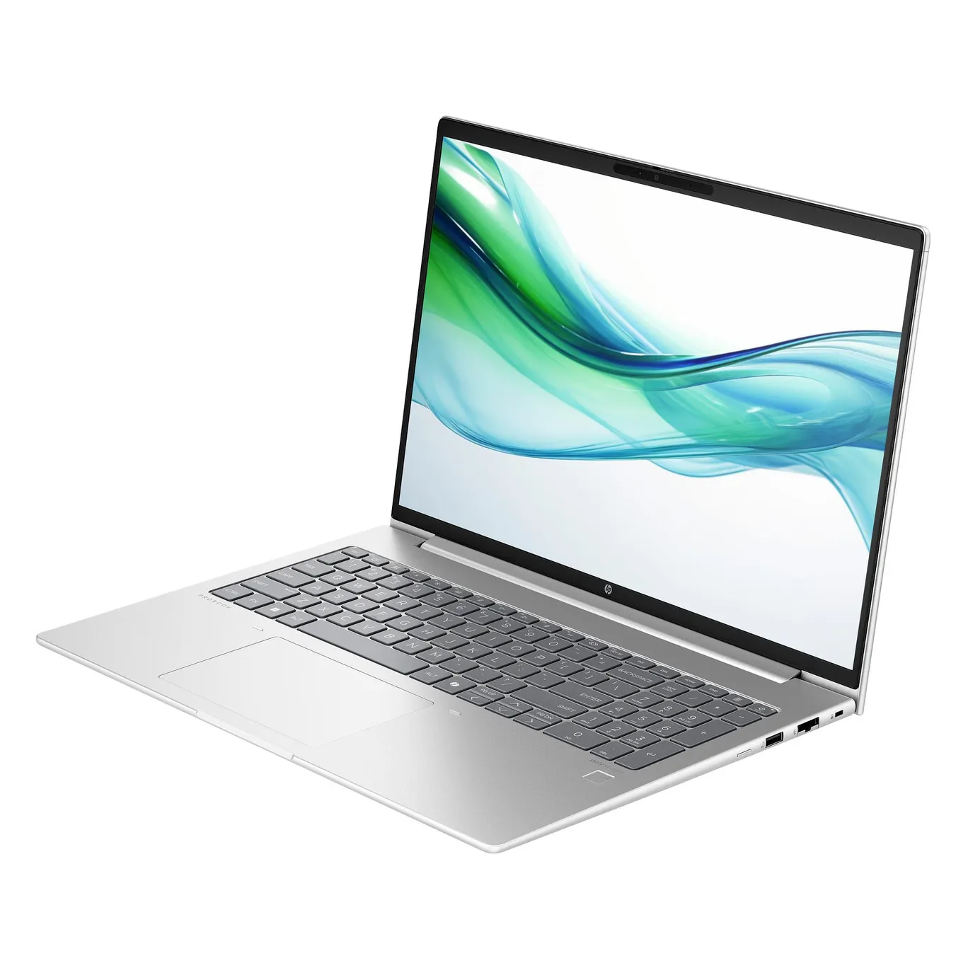 Ein silberner Laptop mit einem Bildschirm, der einen grünen und blauen Wirbel zeigt.