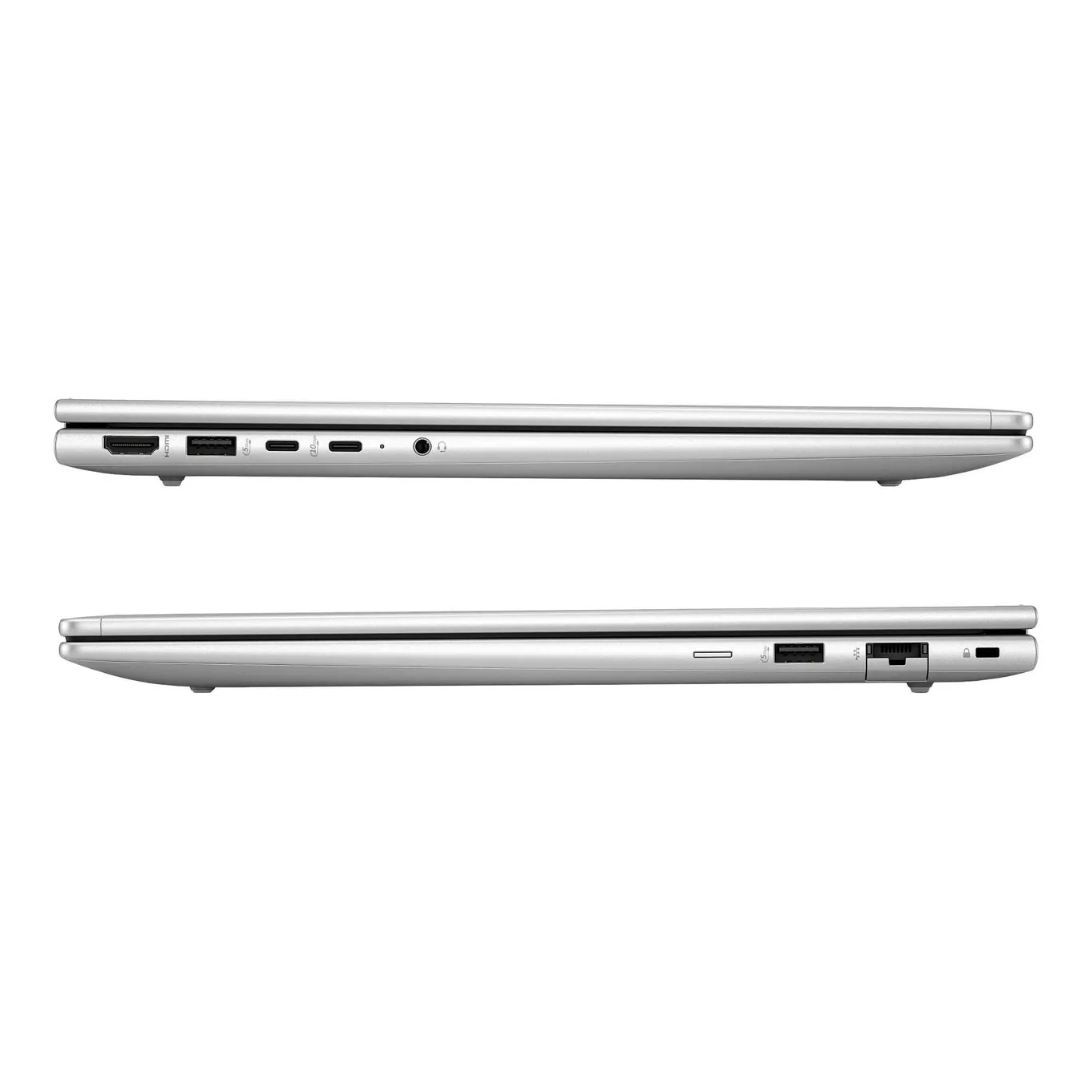 Silberner Laptop von der Seite: obere Kante mit Anschlüssen, untere Kante mit Anschlüssen.