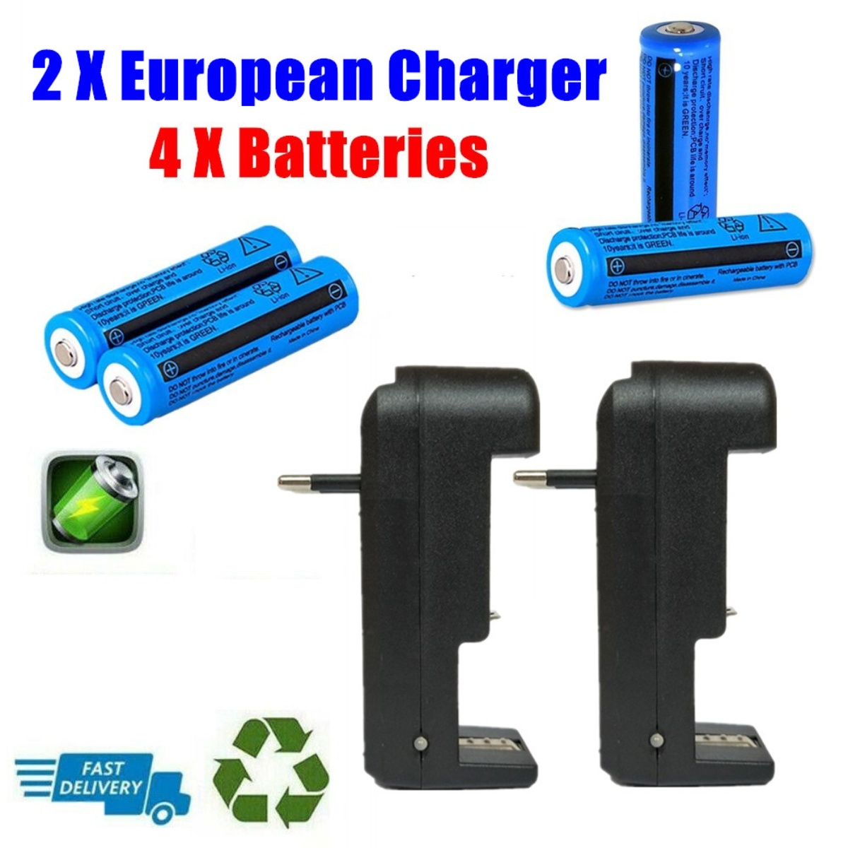 Zwei schwarze Ladegeräte und vier blaue Batterien, mit Symbolen für Lieferung und Recycling.