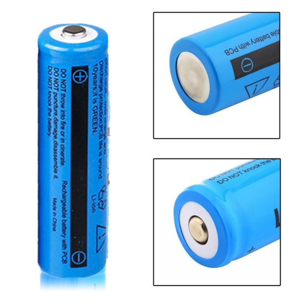 Blaue 18650 Li-Ion-Batterie mit PCB, Warnhinweise aufgedruckt.
