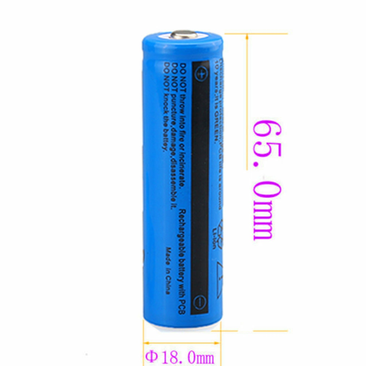 Ein blauer Li-Ionen-Akku mit Sicherheitshinweisen und Abmessungen 65mm x 18mm.