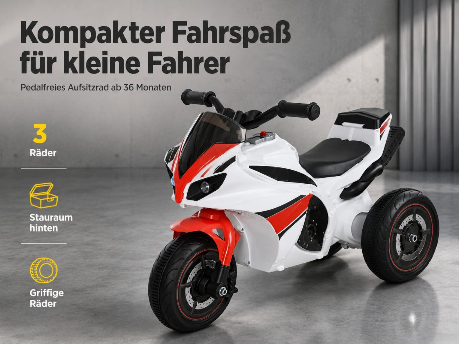 Ein dreirädriges weißes und rotes Spielzeugmotorrad für Kinder mit Stauraum hinten.