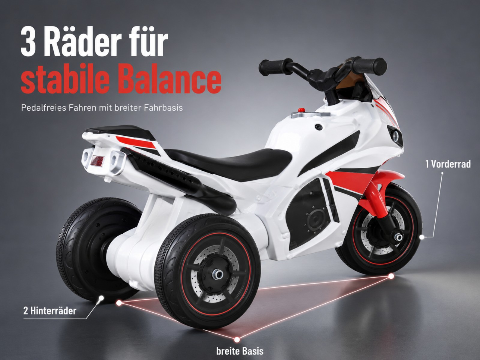 Ein weißes Dreirad-Motorrad mit roten Akzenten und breiter Basis.