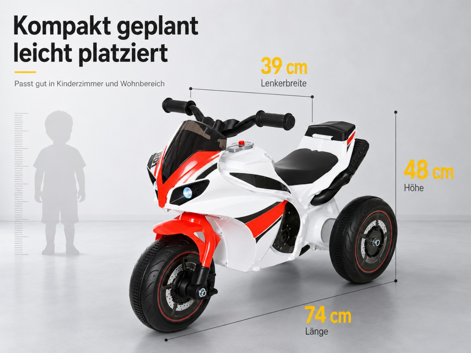 Ein weißes Kindermotorrad mit roten Akzenten und Maßangaben.