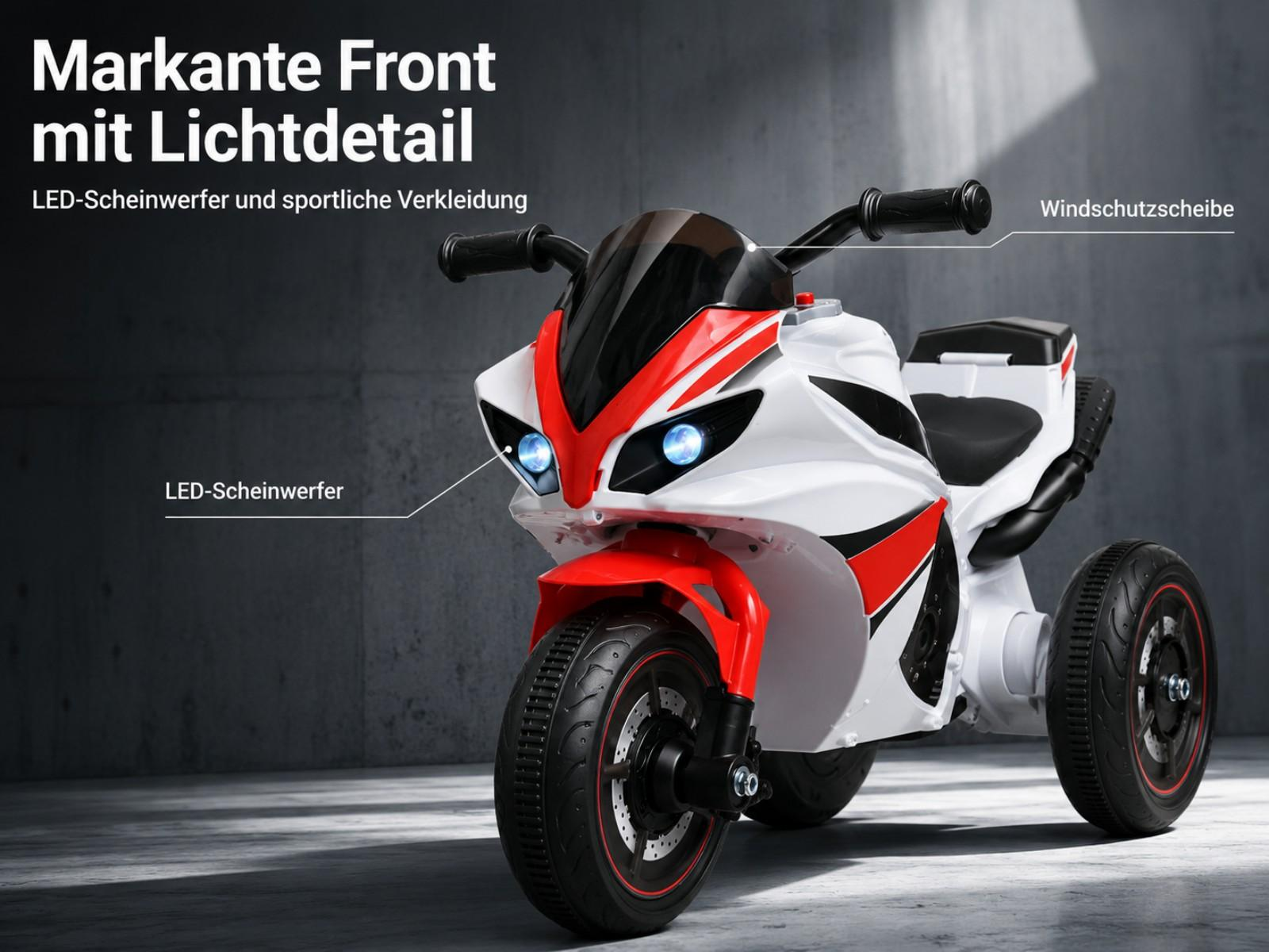 Weiß-rotes elektrisches Spielzeugmotorrad mit LED-Scheinwerfern und drei Rädern.