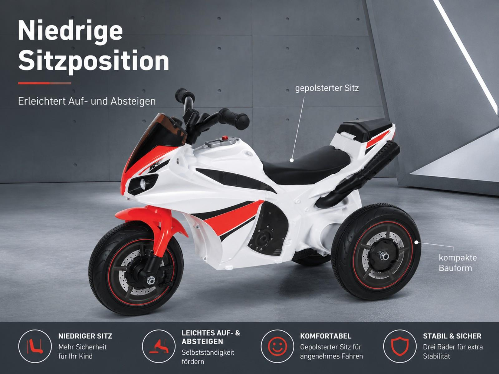 Ein weißes und rotes dreirädriges Kinderfahrzeug in Motorradform mit gepolstertem Sitz.
