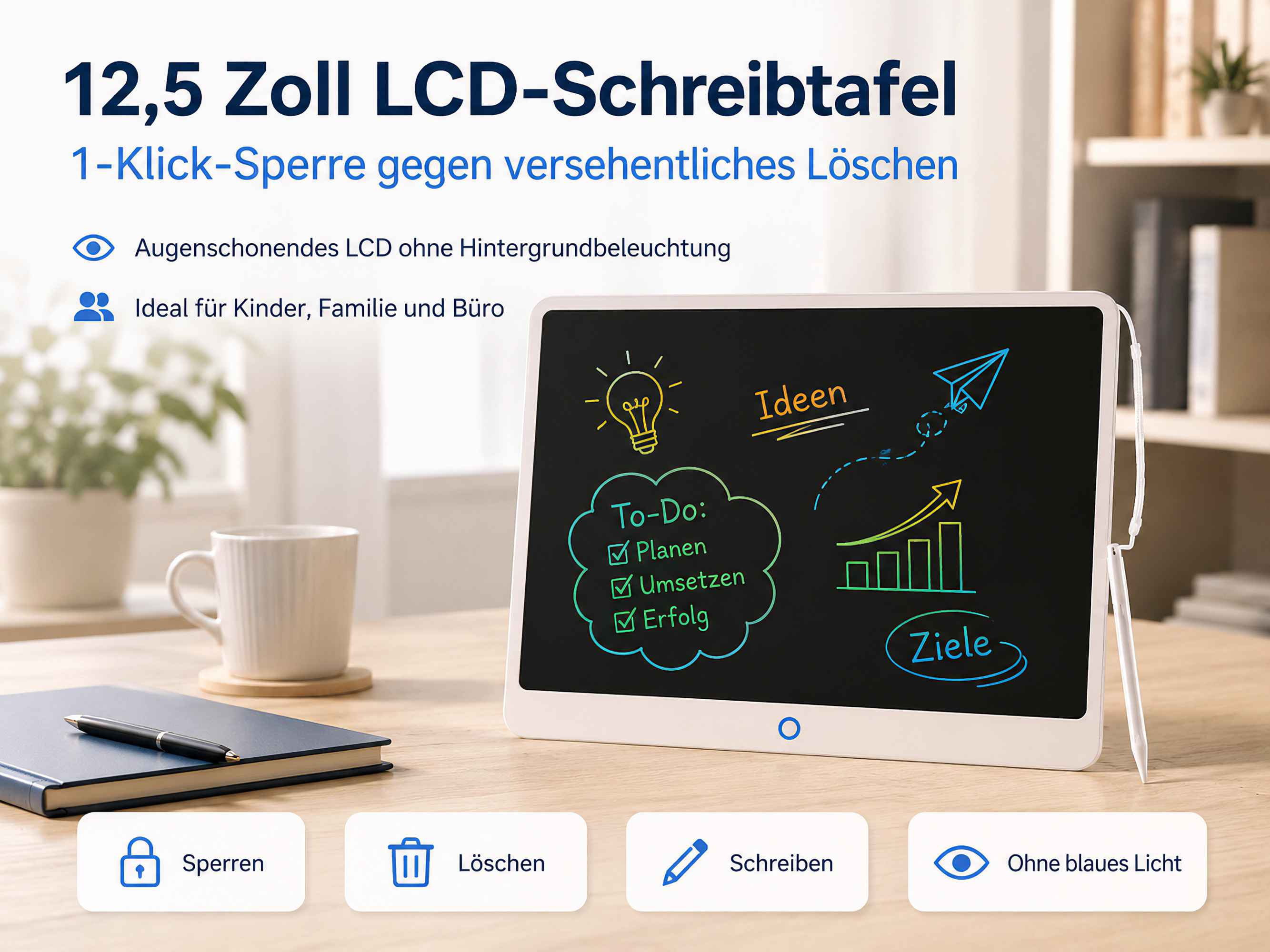 12,5 Zoll LCD-Schreibtafel mit To-Do-Liste, Ideen und Zielen.