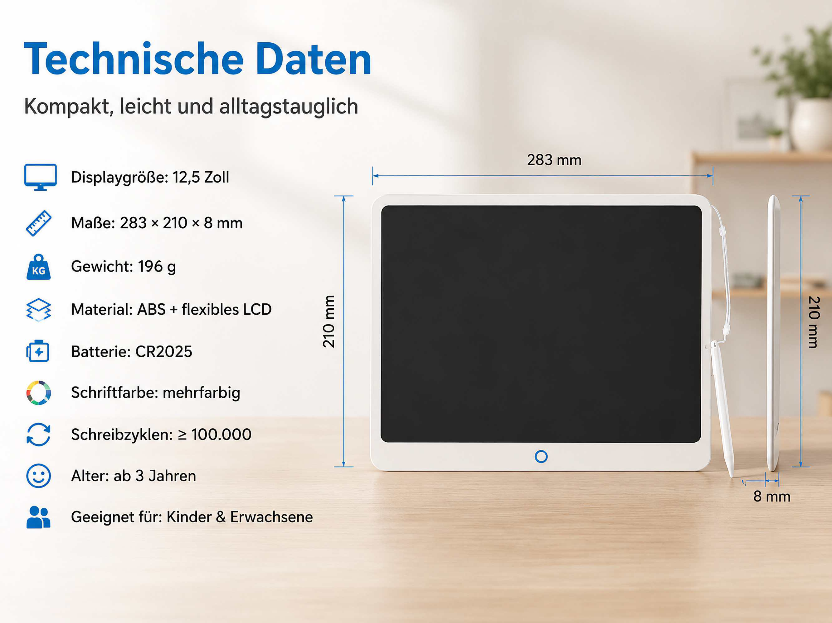 Technische Daten eines 12,5-Zoll-Tablets mit Stift, 283x210x8mm, 196g.