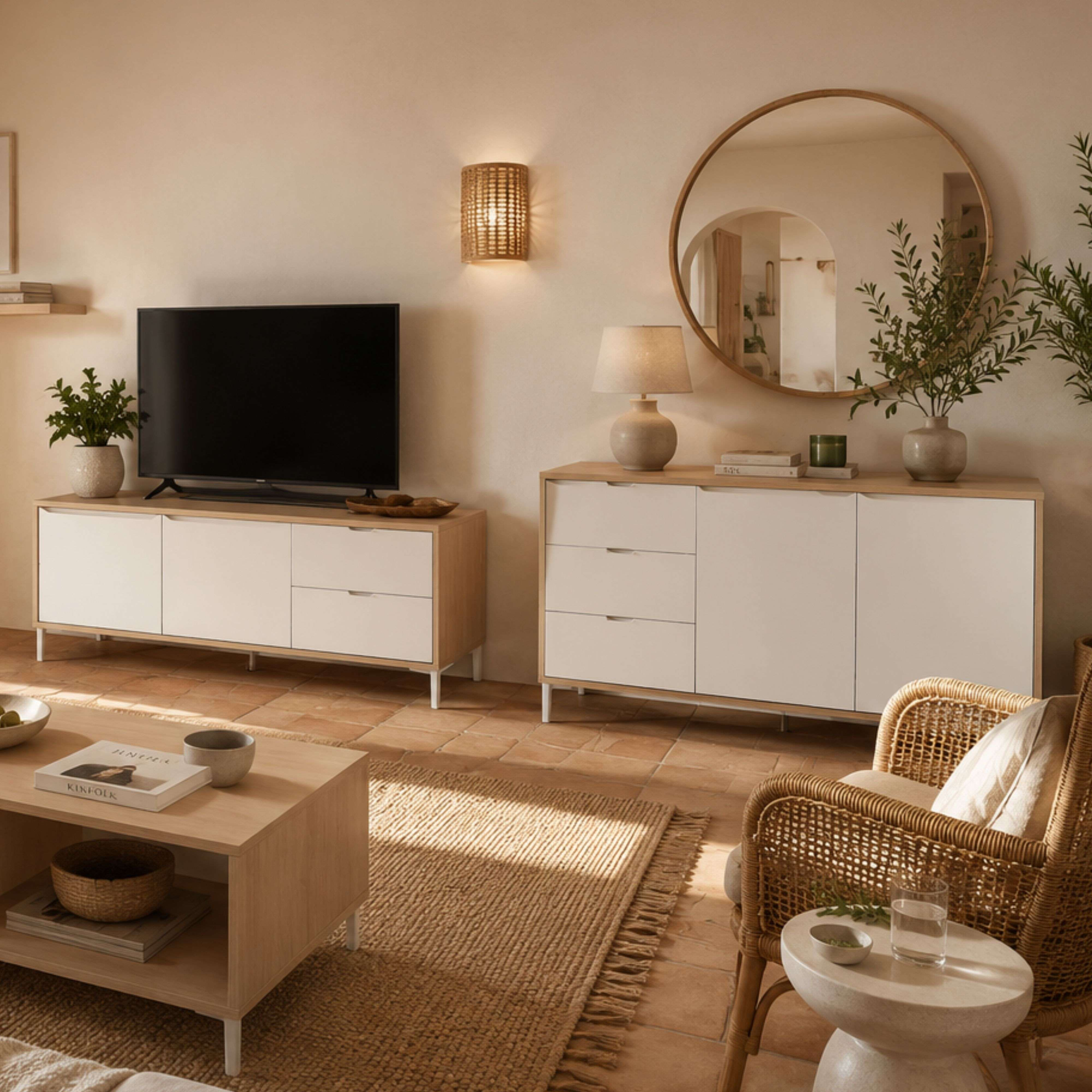 Una sala de estar con dos aparadores blancos, un televisor, una mesa de centro y un sillón de mimbre.