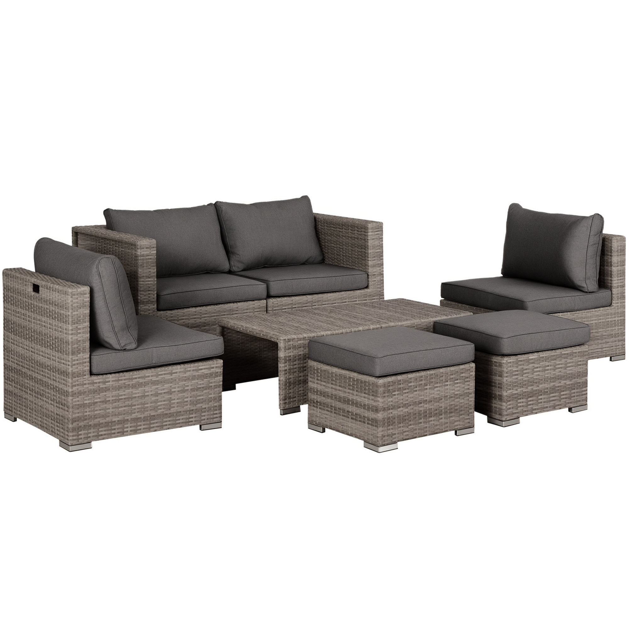 Set di mobili in rattan grigio con divano, tavolo e pouf.
