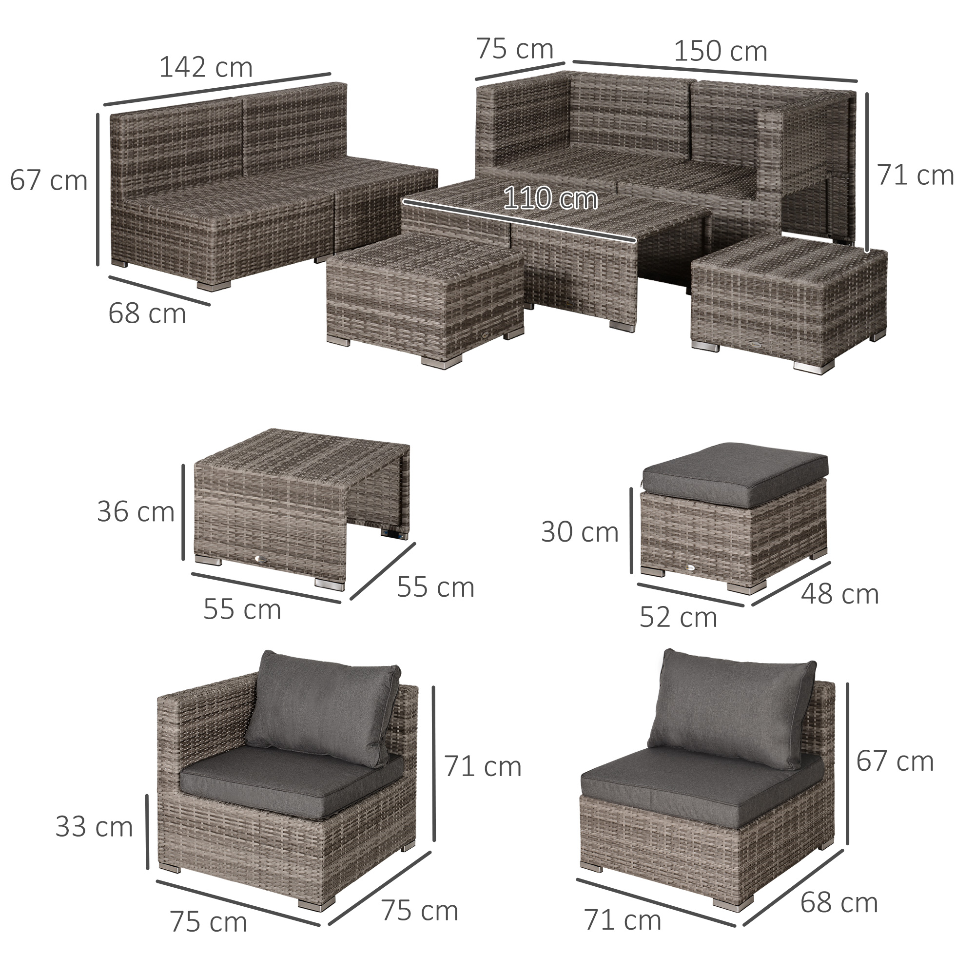 Mobili da esterno in vimini con dimensioni: divano, tavolo, pouf e poltrone.