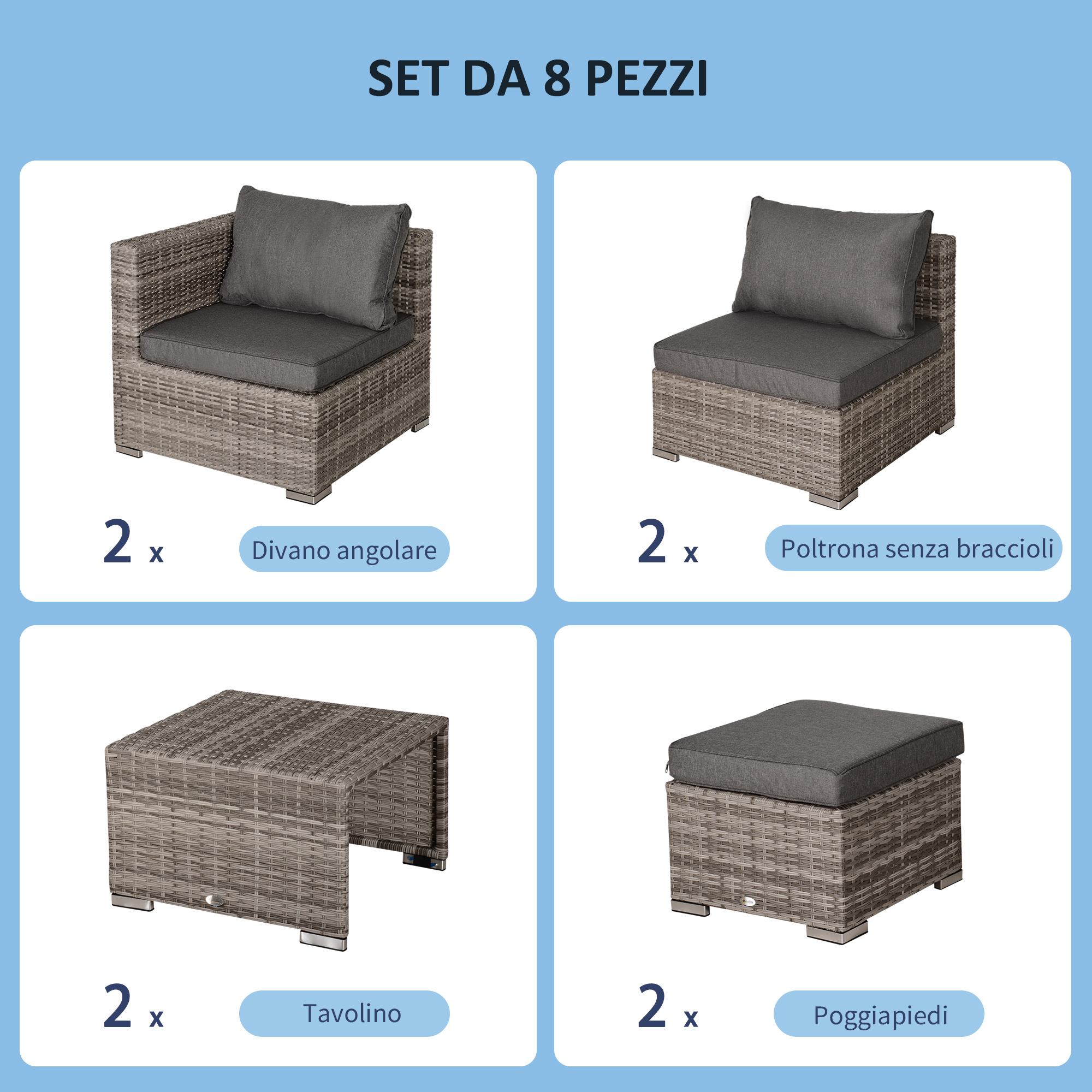 Set mobili da giardino in rattan: divano angolare, poltrona, tavolino.