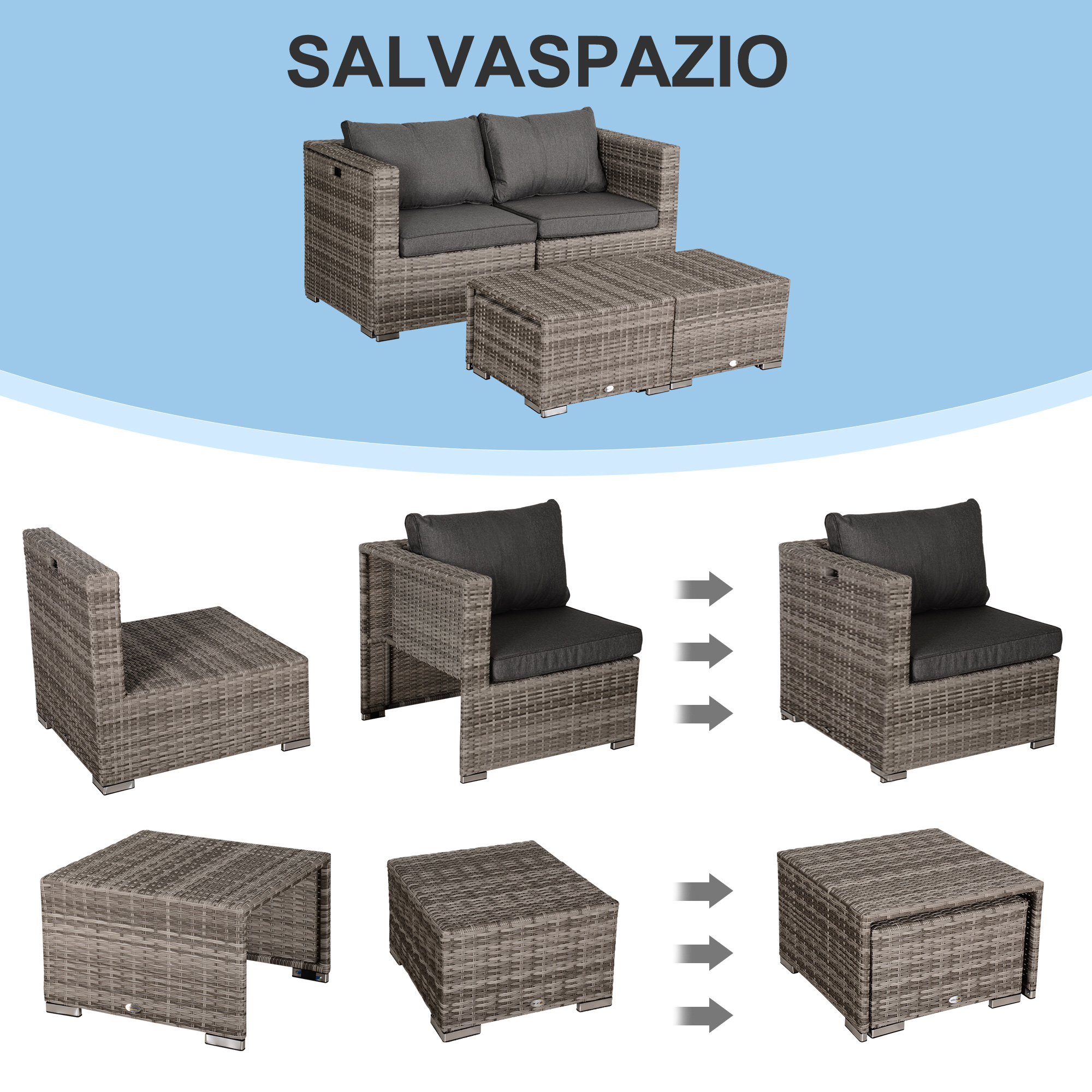 Mobili da giardino in rattan grigio: divano, poltrona e pouf. Configurazioni mostrate.