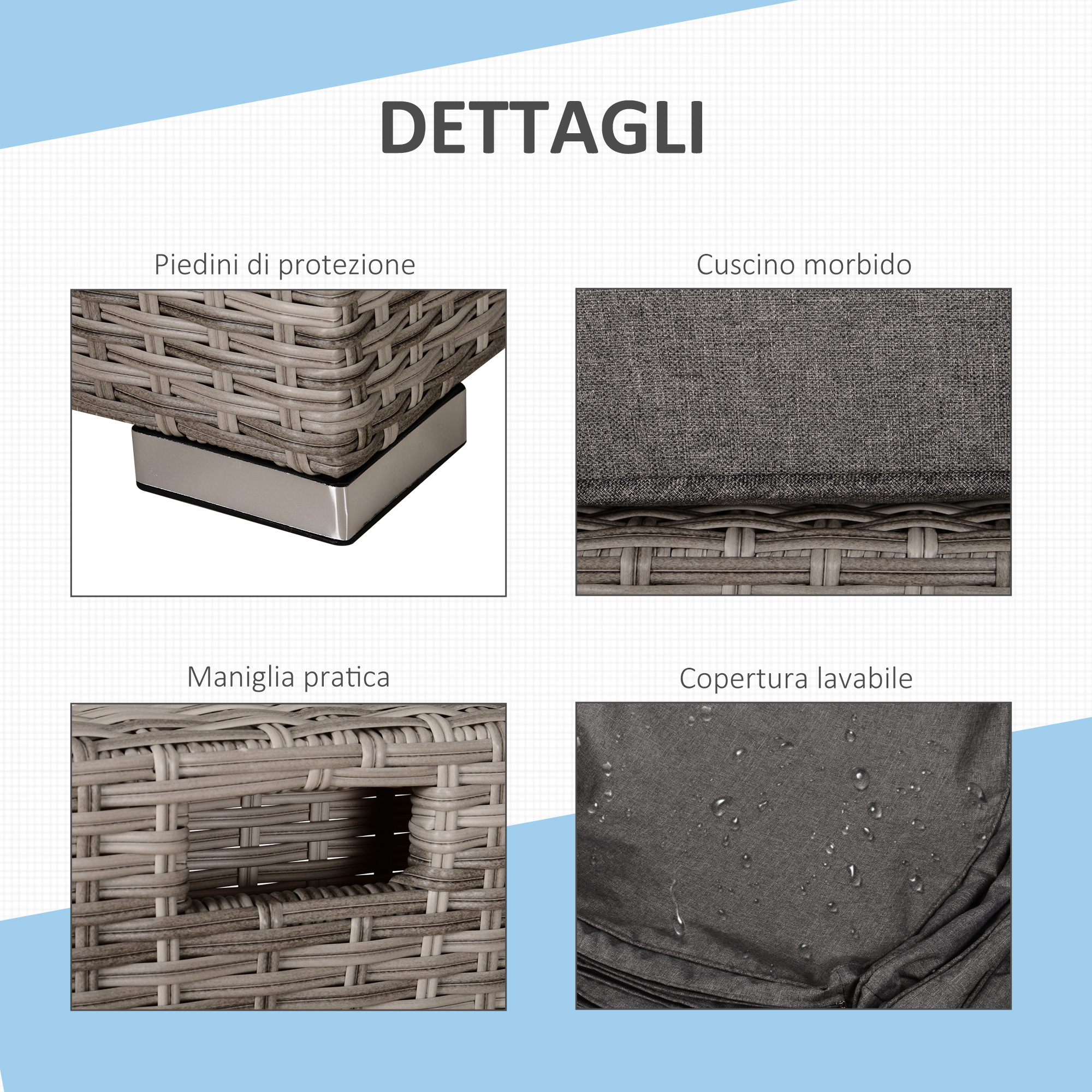 Dettagli: Piedini protettivi, cuscino morbido, maniglia pratica, copertura lavabile.