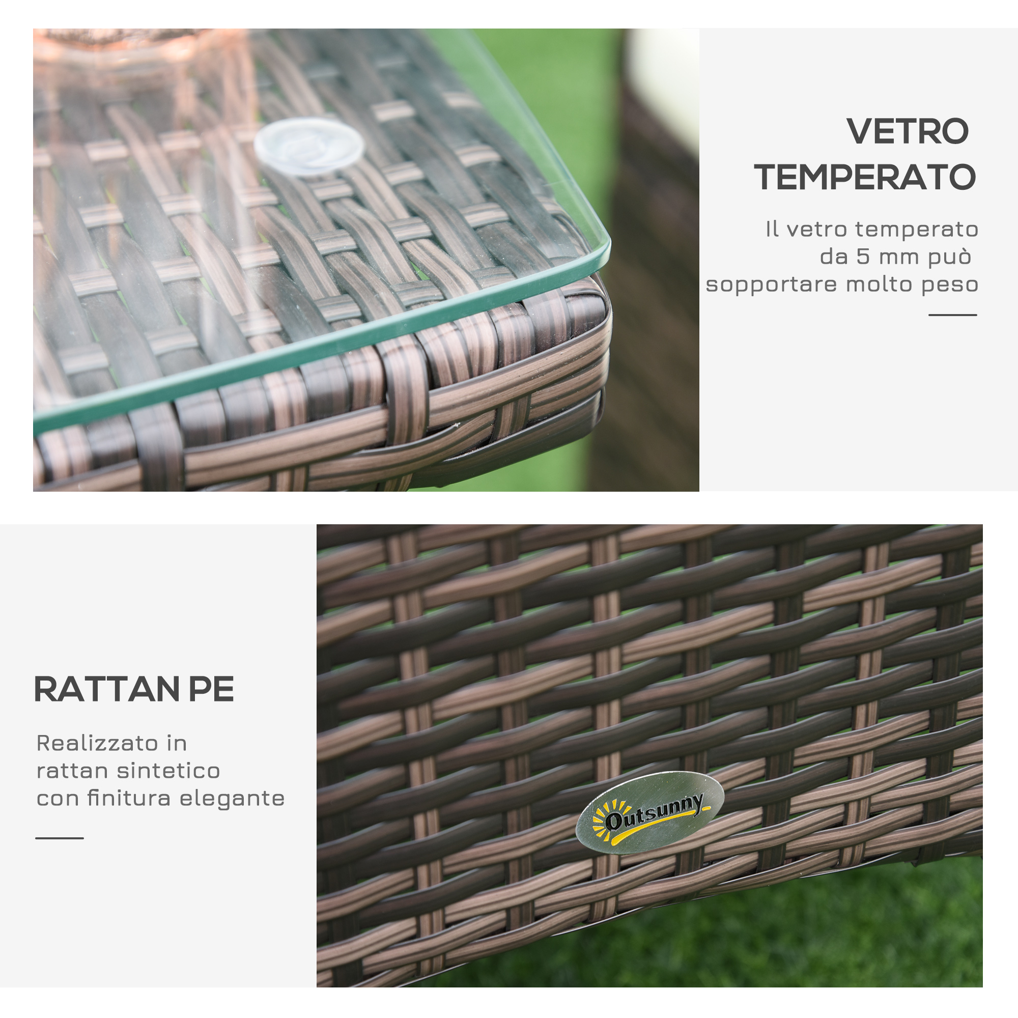 Intreccio in rattan marrone con piano in vetro e logo Outsunny su erba.
