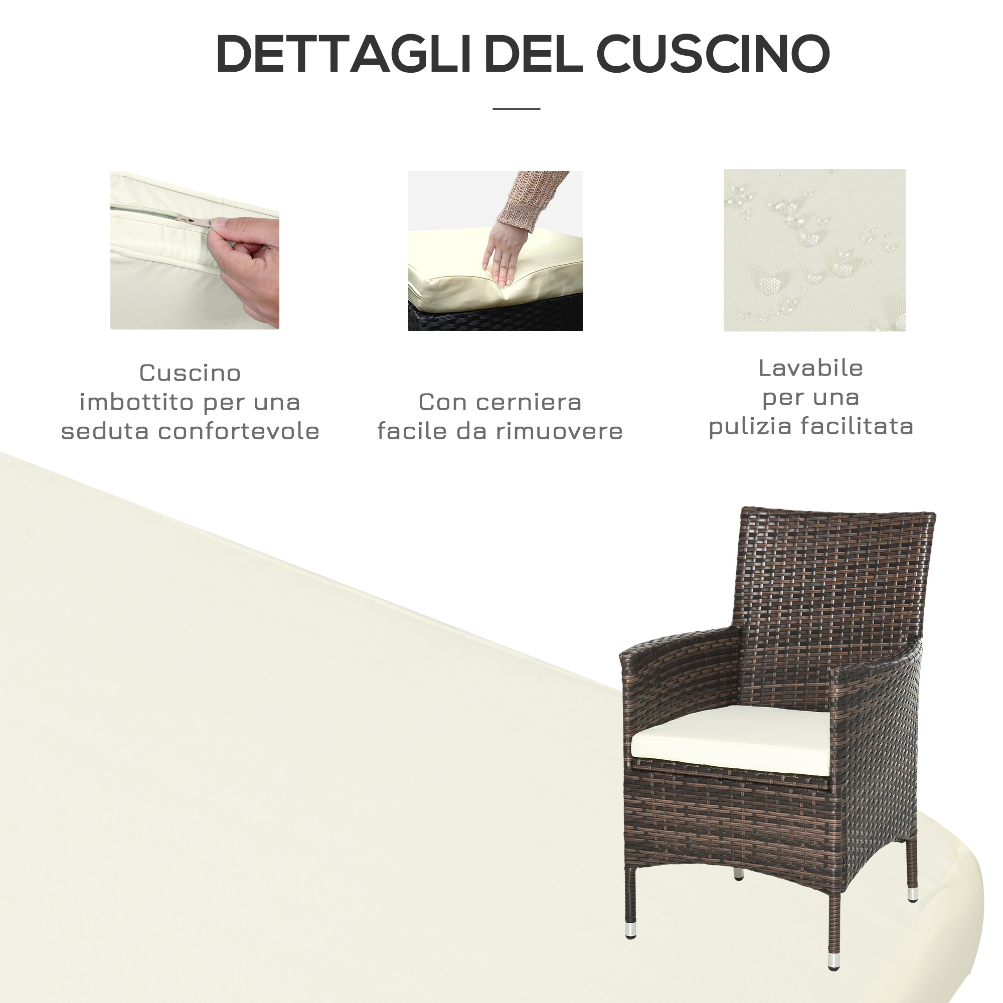 Una sedia in rattan marrone con cuscino color crema, con dettagli su cerniera e idrorepellenza.