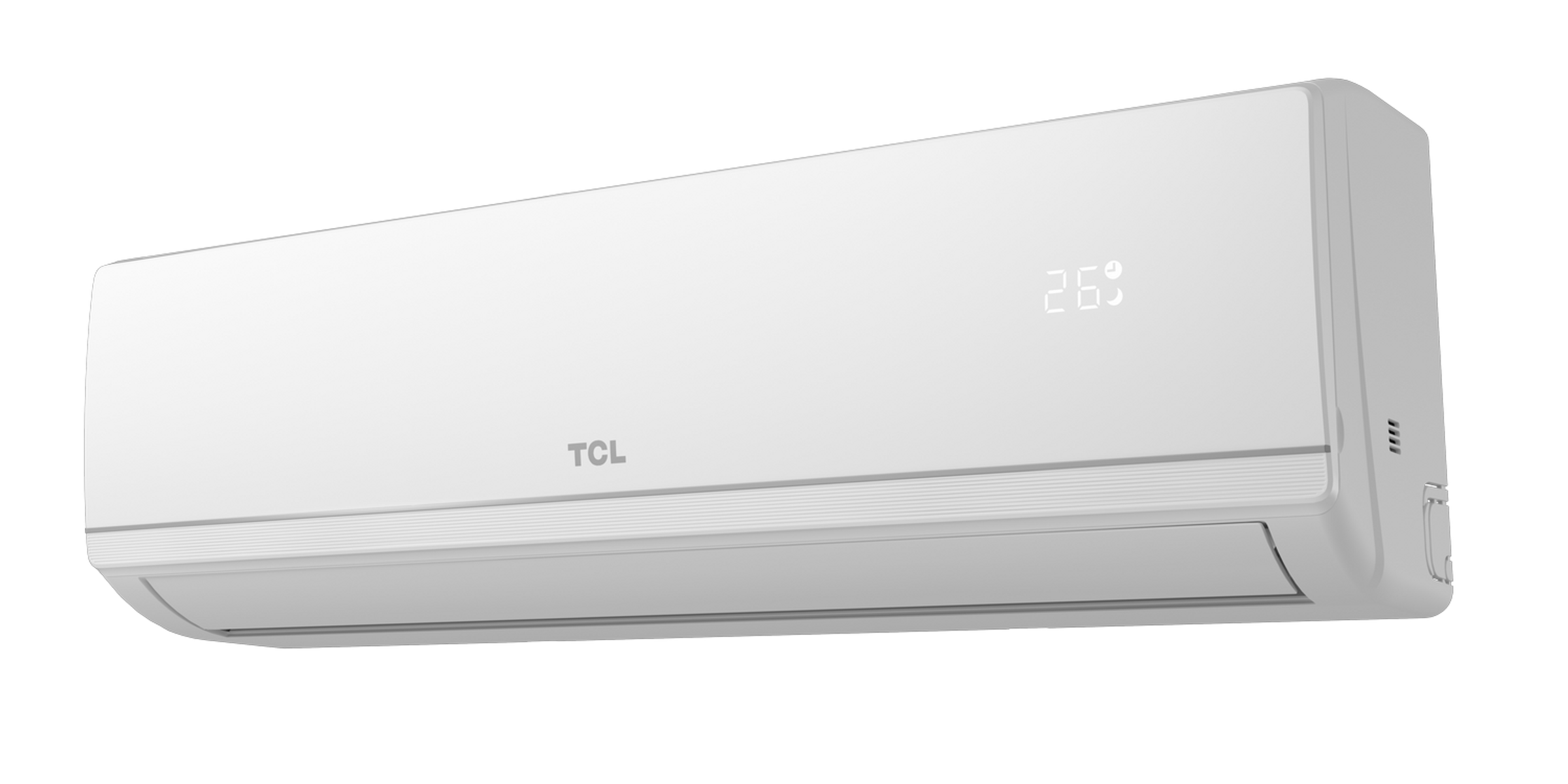 Un aire acondicionado blanco con logo TCL y pantalla digital de 26°C.