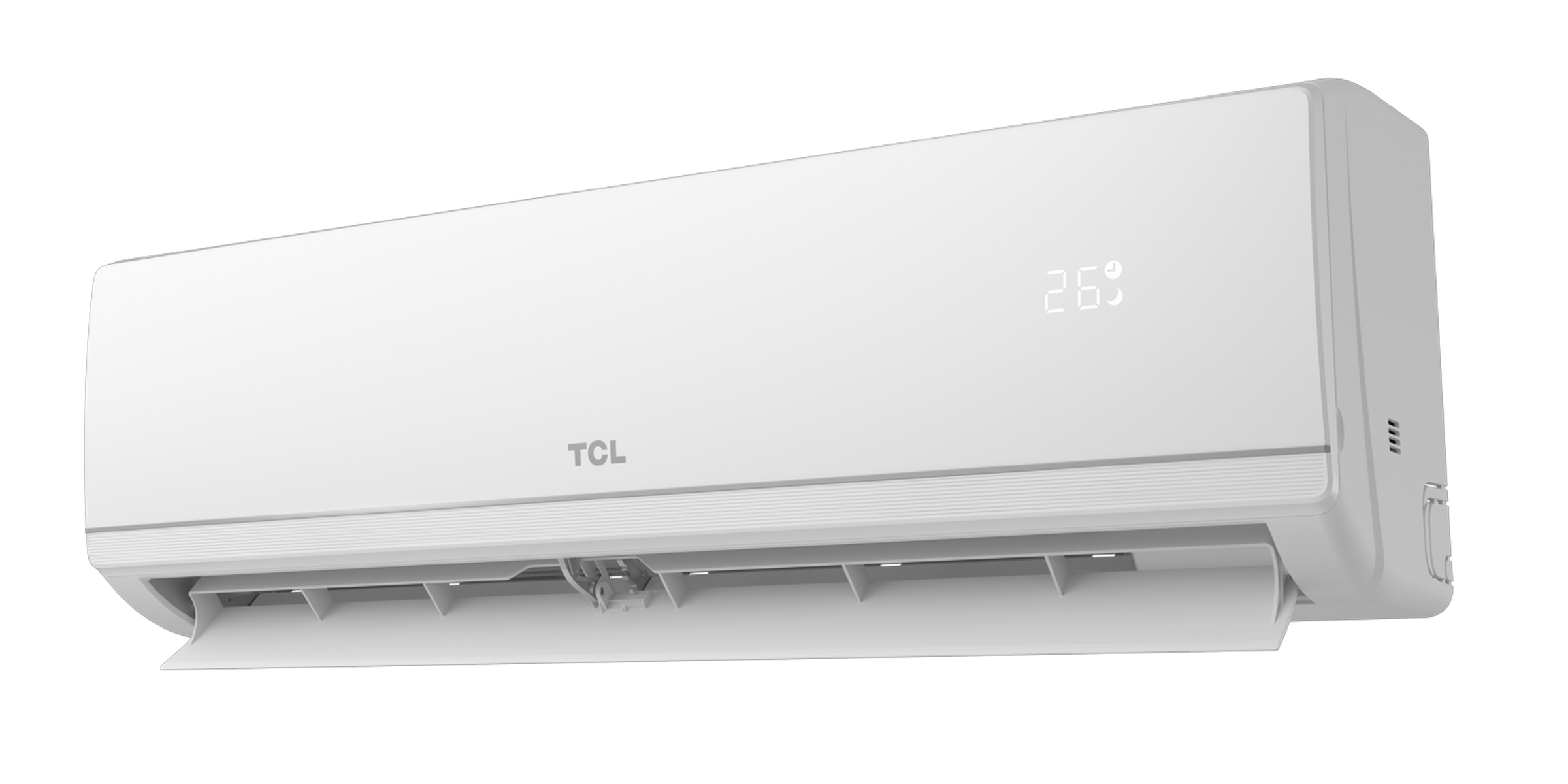 Un aire acondicionado blanco TCL con pantalla digital de temperatura de 26°C.