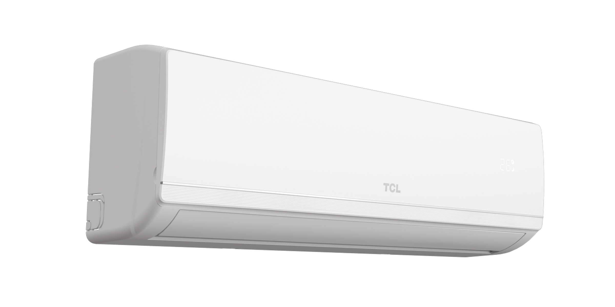 Un aire acondicionado blanco con logo TCL y pantalla digital (26°C).