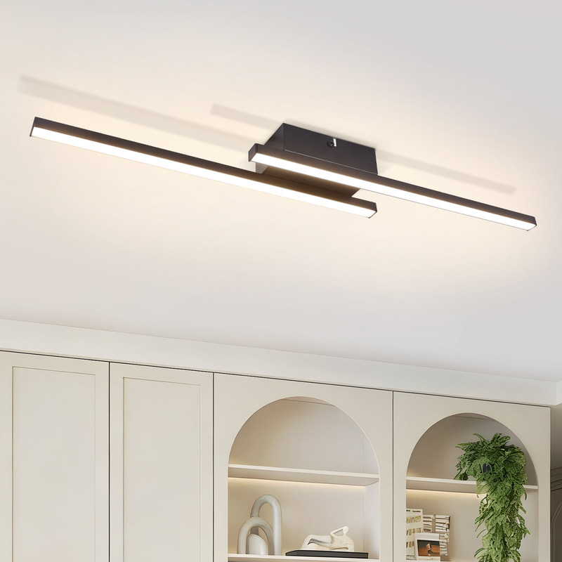 Moderne Deckenleuchte mit zwei schwarzen Balken und integrierten Lichtern.