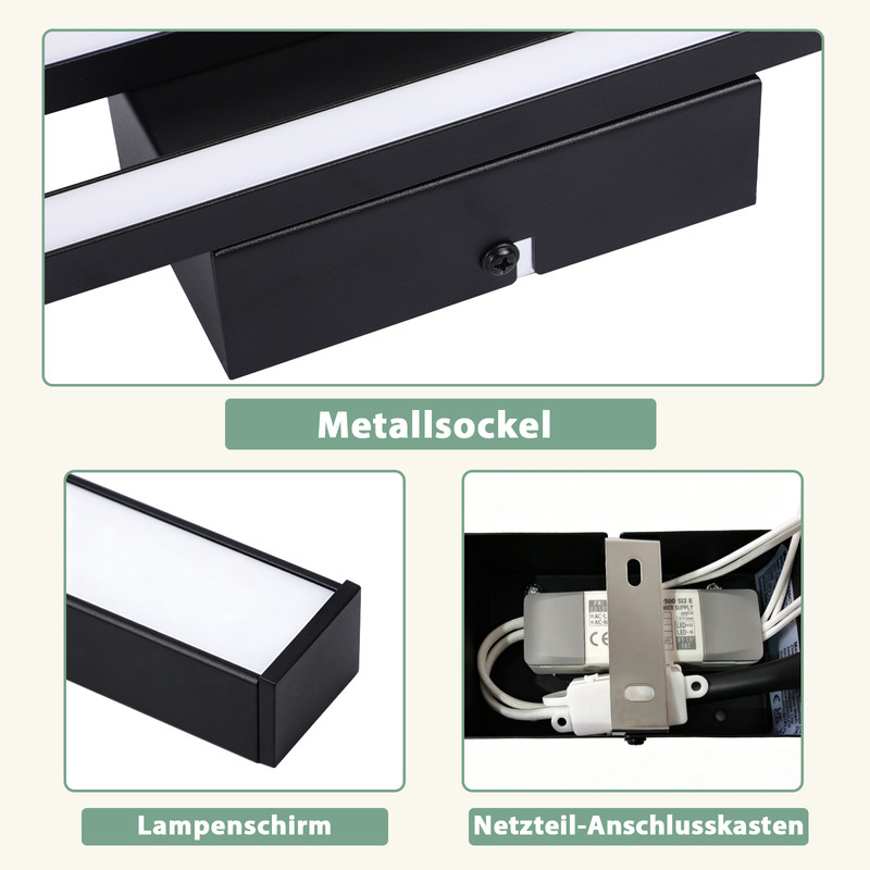 Drei Nahaufnahmen einer schwarzen Lampe. Oben: Metallfuß mit LED-Streifen. Unten links: Lampenschirm. Unten rechts: Netzteil-Anschlusskasten.