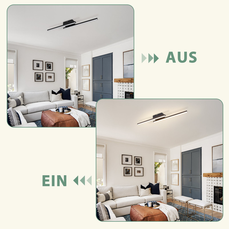 Wohnzimmer mit Sofa, Couchtisch und Beleuchtung (Ein/Aus).
