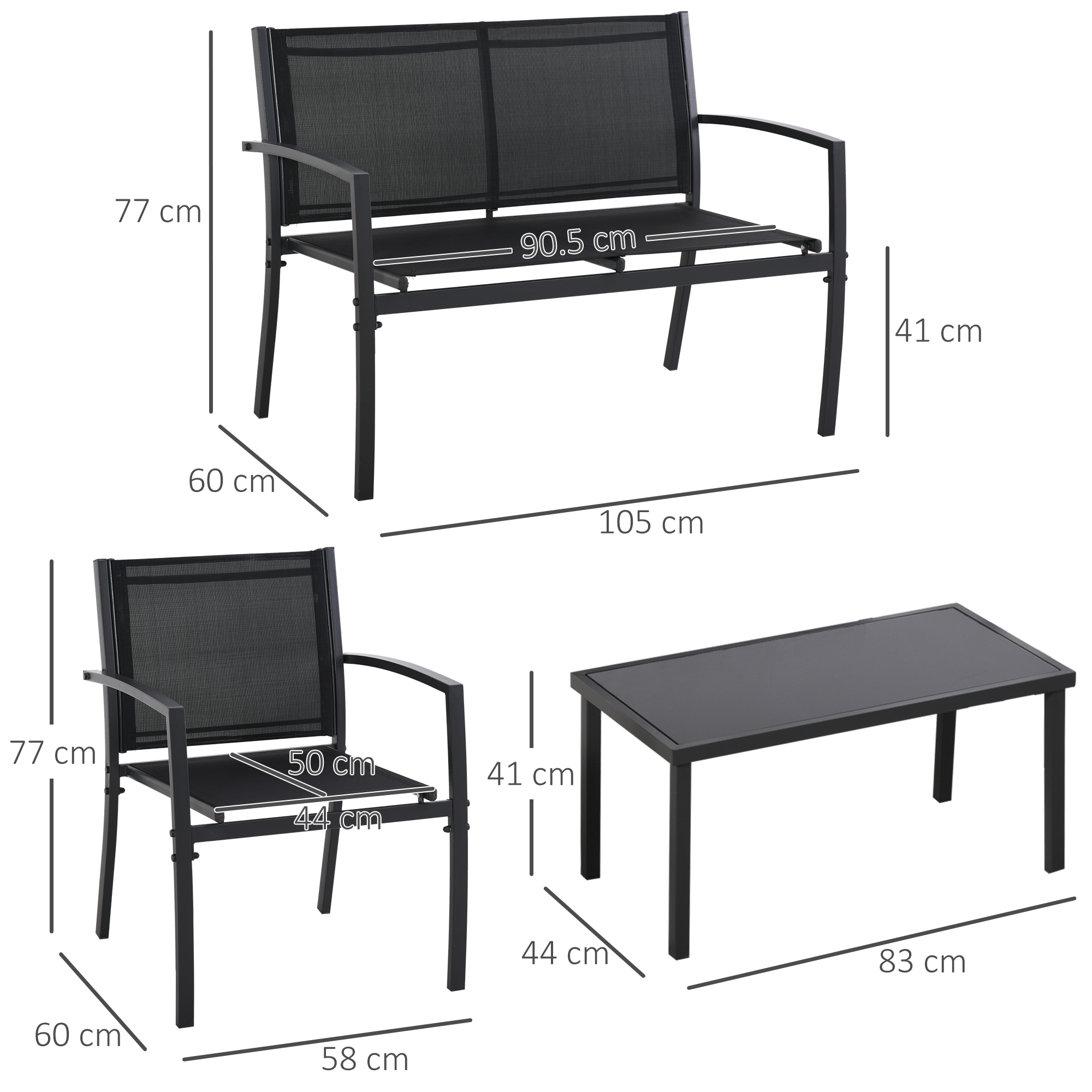 Set di mobili da giardino neri: panchina (105x60x77cm), sedia (58x60x77cm), tavolo (83x44x41cm).