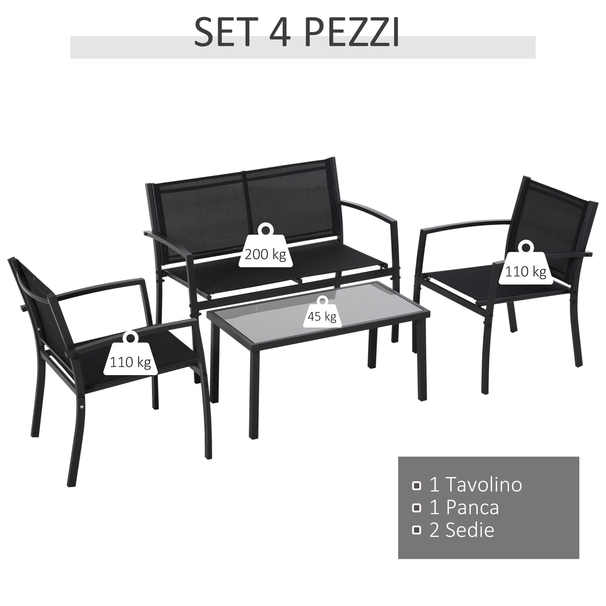 Set di mobili da giardino neri con tavolo, panca e due sedie.