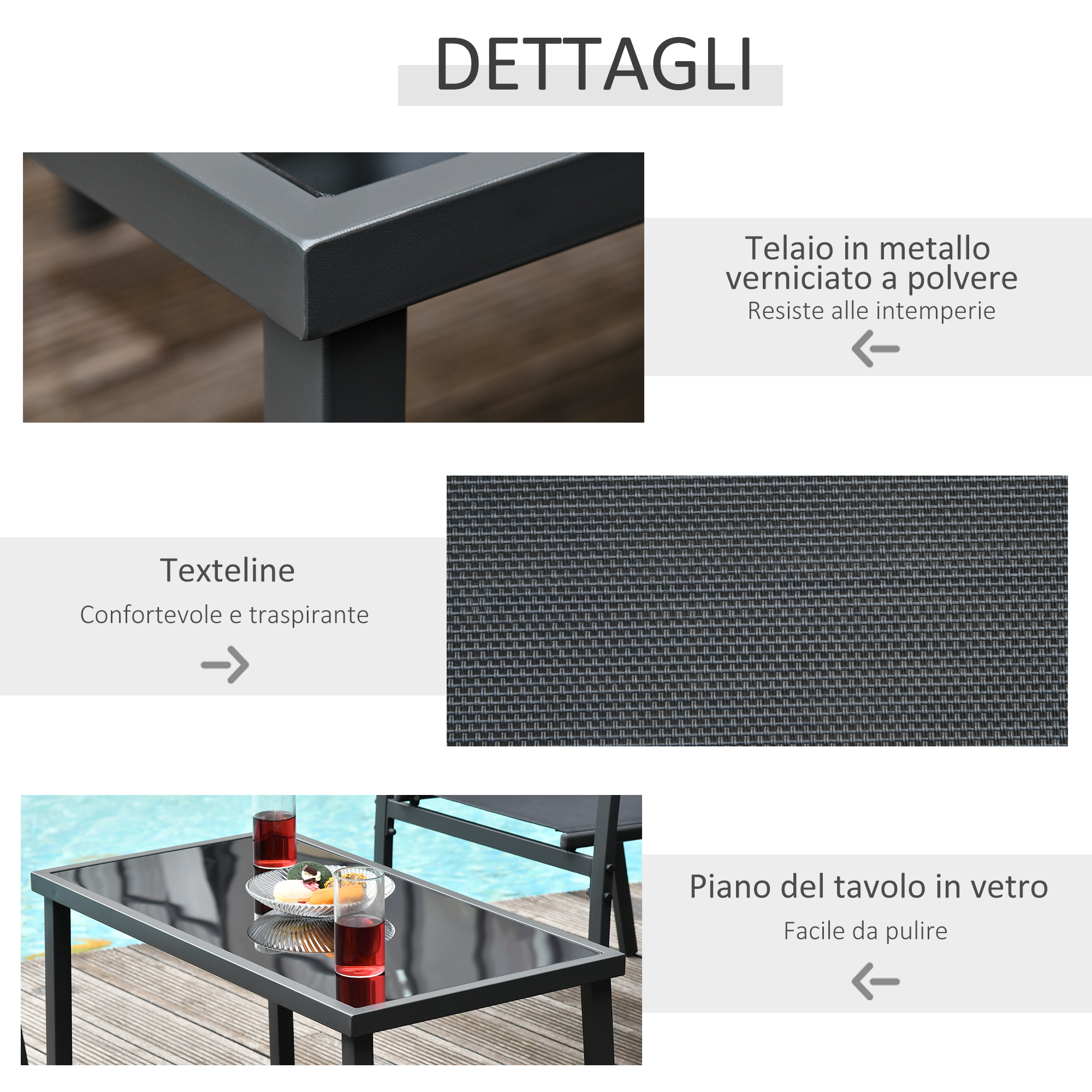 Dettaglio di un tavolo da esterno con piano in vetro e telaio in metallo.
