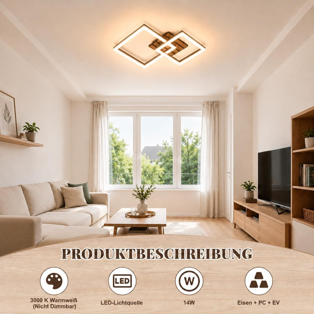 Modernes Wohnzimmer mit Deckenleuchte, Sofa, Couchtisch und Fernseher.