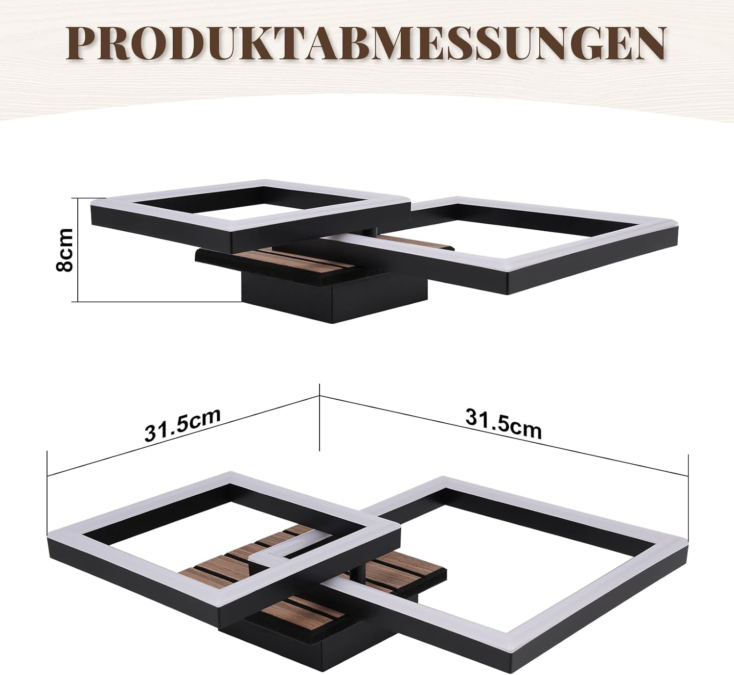 Schwarze Leuchte mit zwei Quadratrahmen, 8cm und 31,5cm Maße.
